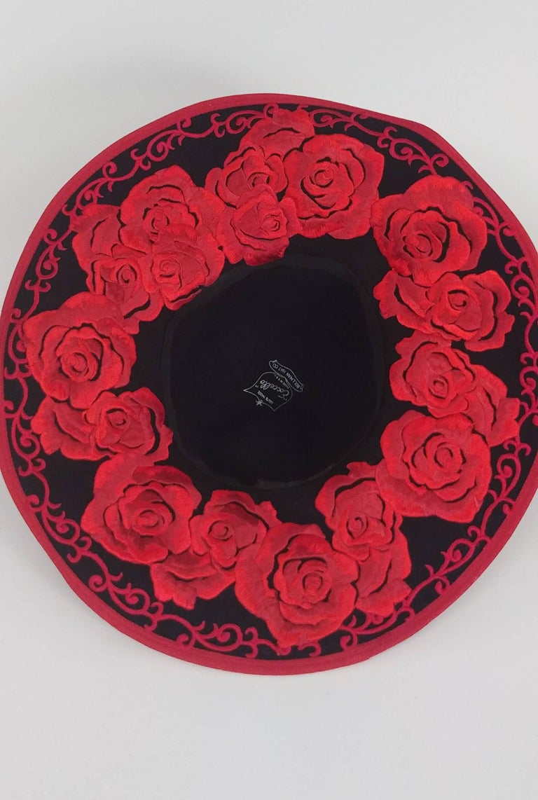 1980s Kokin Black Wide Brim Hat w/ Red Embroidered Roses at  display picture 2