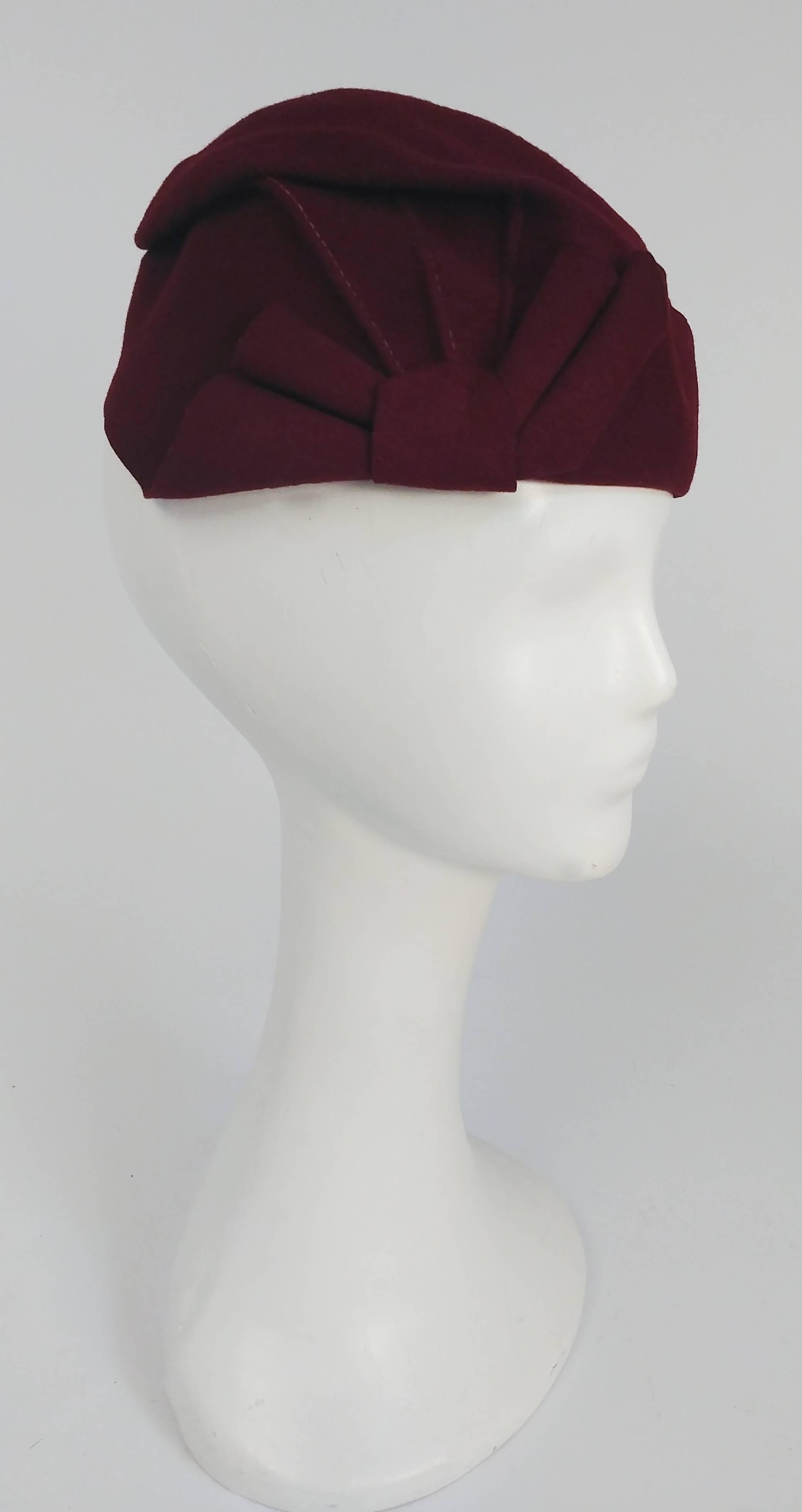 1930s Bordeaux Wool Hat. Fanned out side detail makes for great visual interest. Fits small.