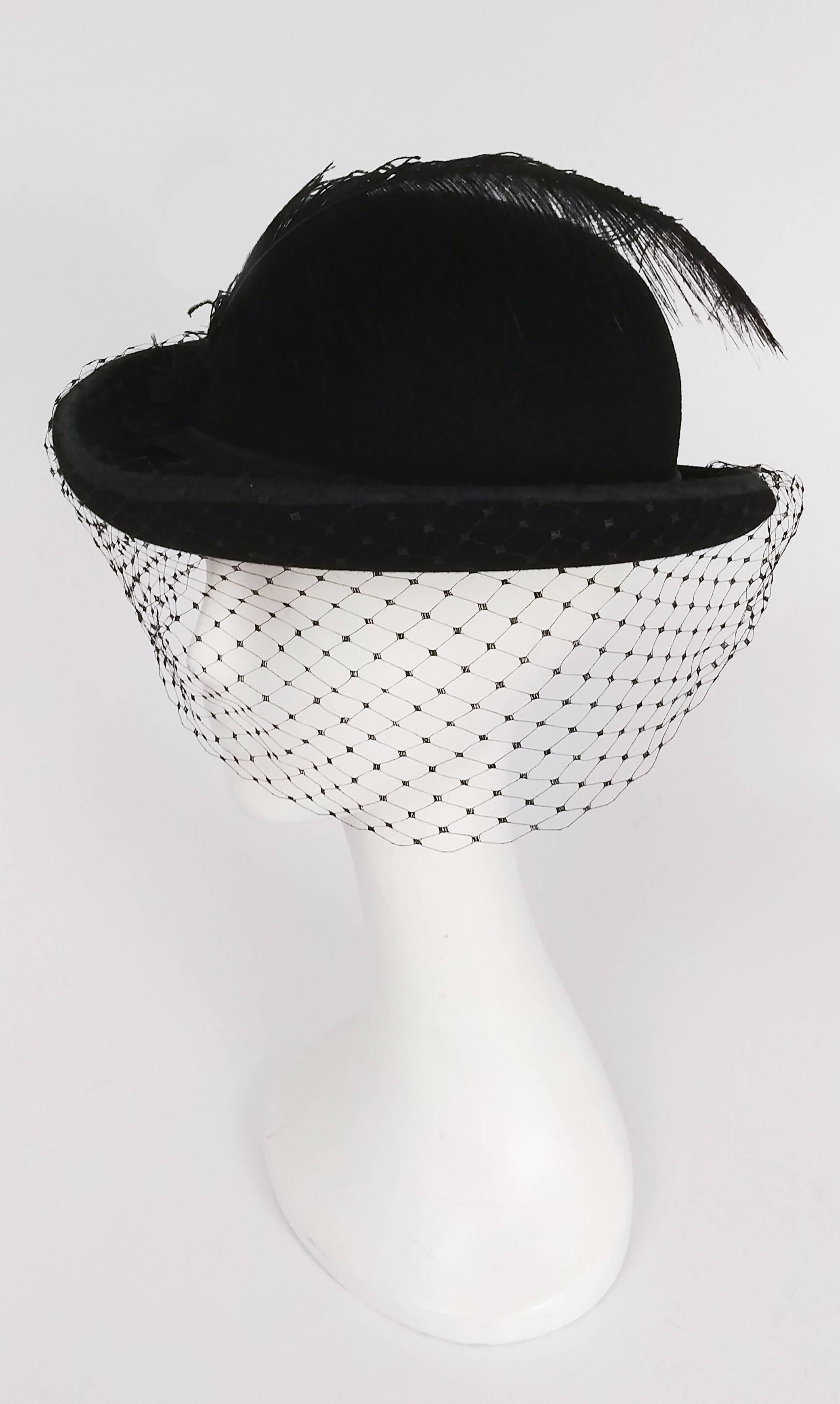 1960s Women's Bowler Hat w/ Veil & Feather. Edwardian style.
