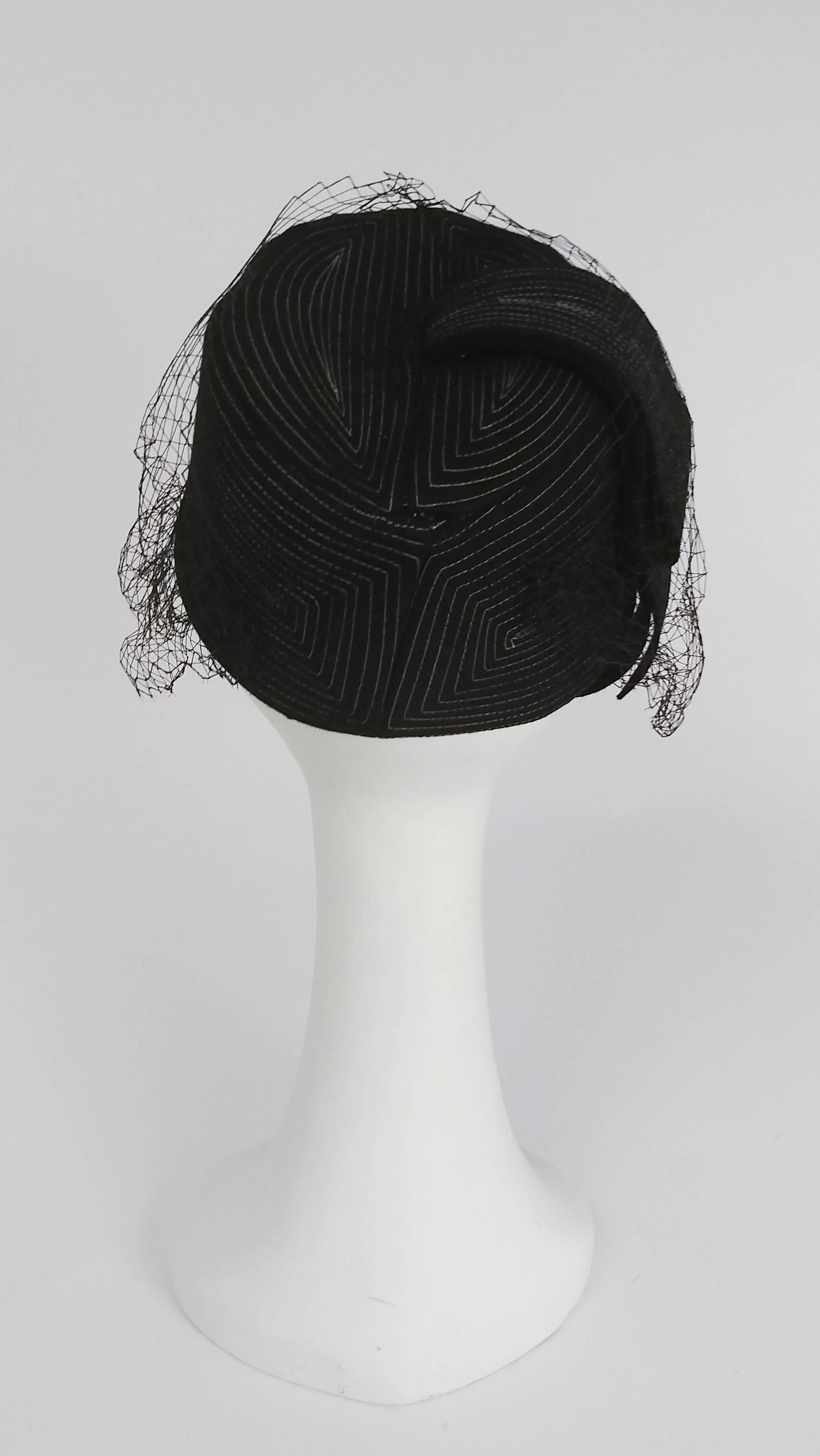 Women's 1960s Black Hat w/ White Topstitching & Net