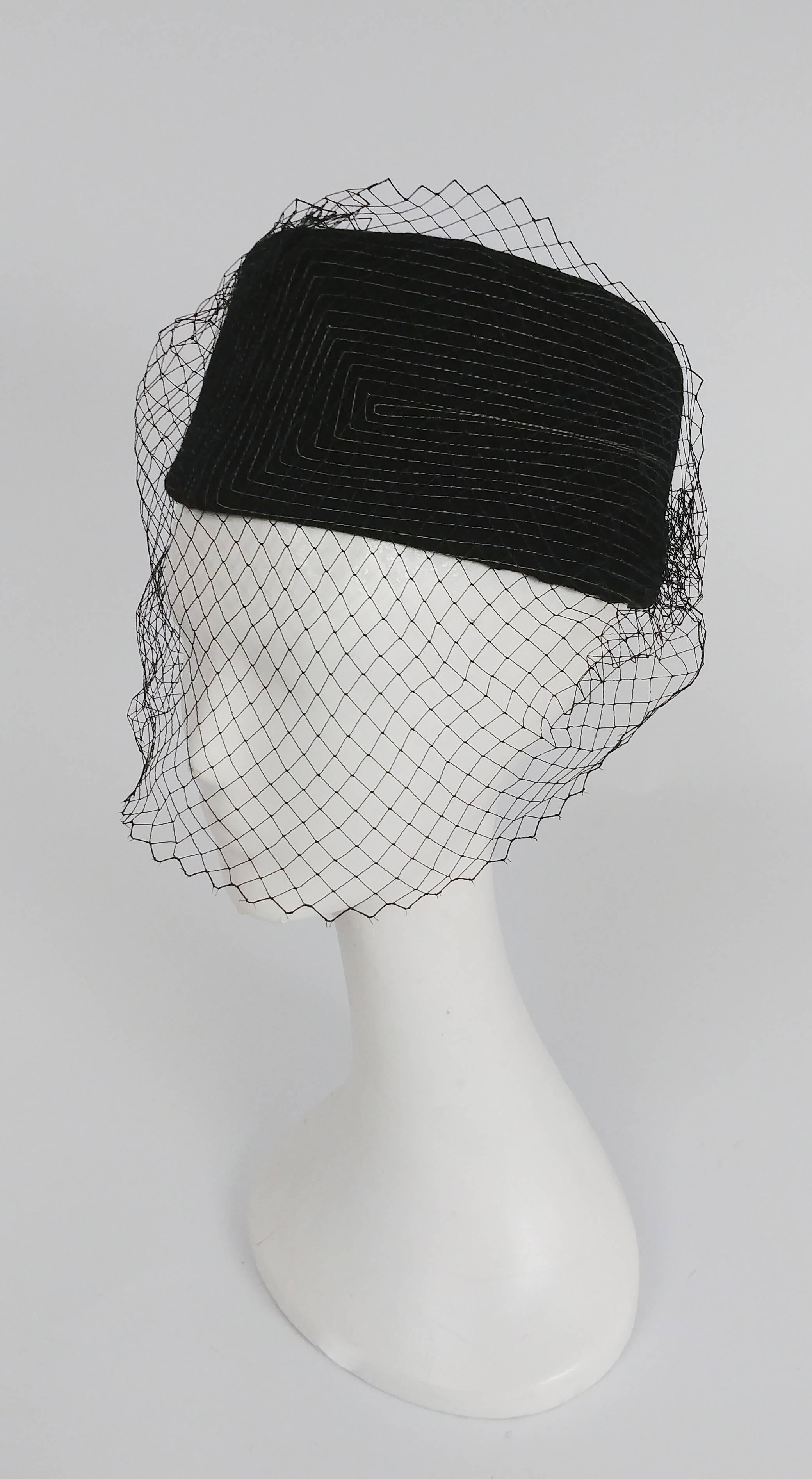 Gray 1960s Black Hat w/ White Topstitching & Net