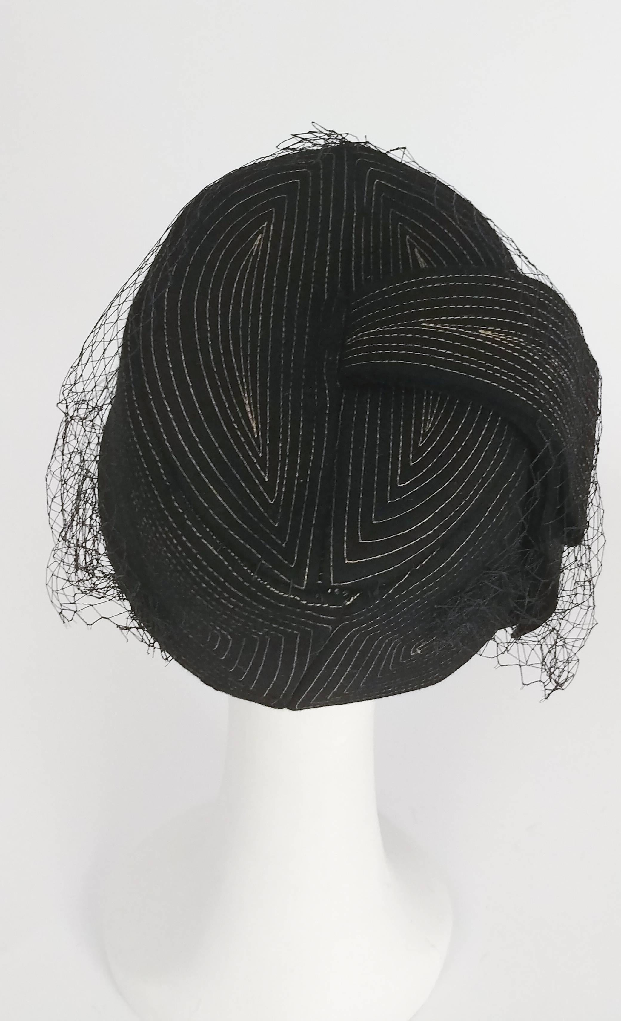 1960s Black Hat w/ White Topstitching & Net 1