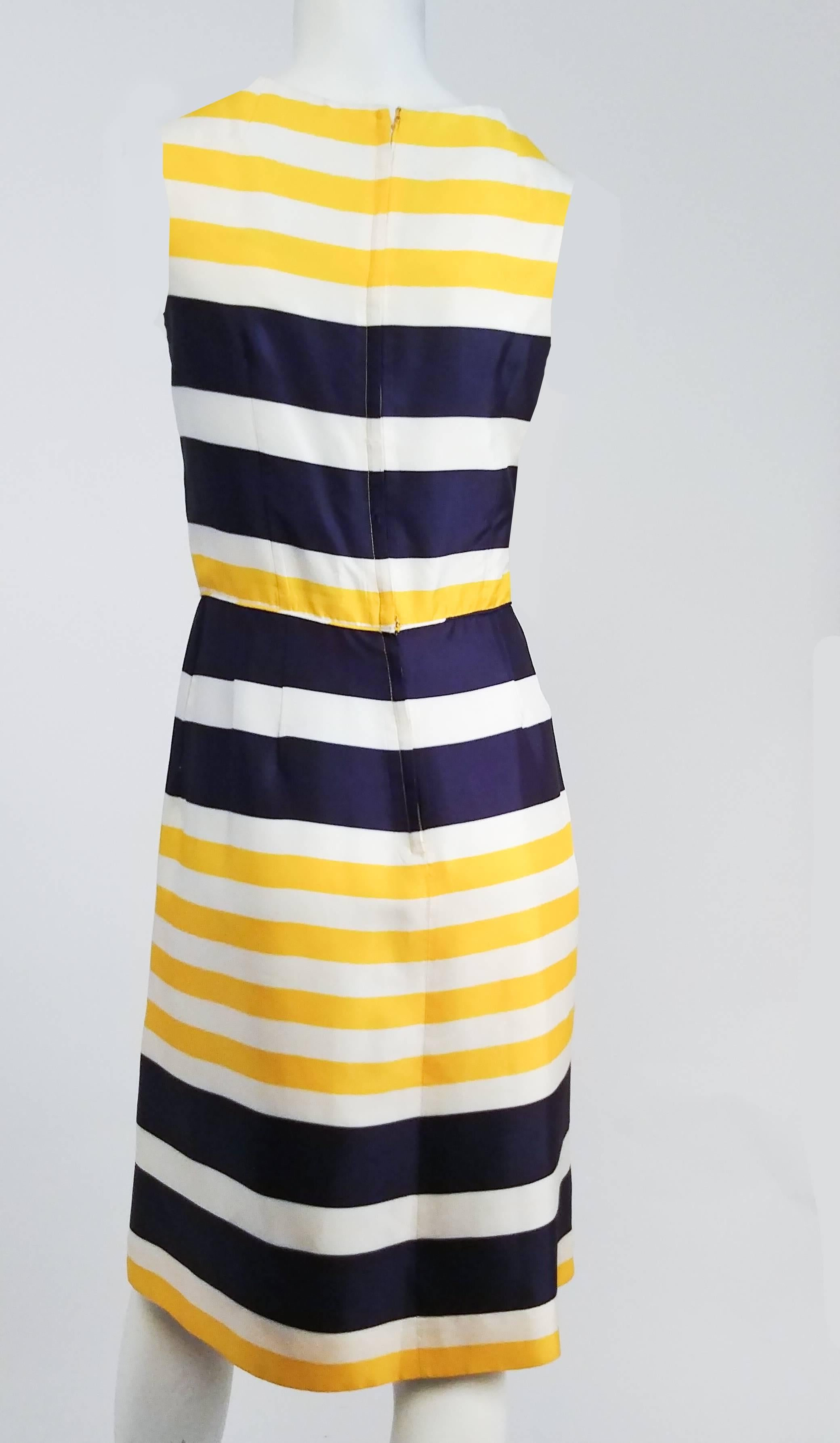 Beige 1960s Blue & Yellow Striped Pleated Dress