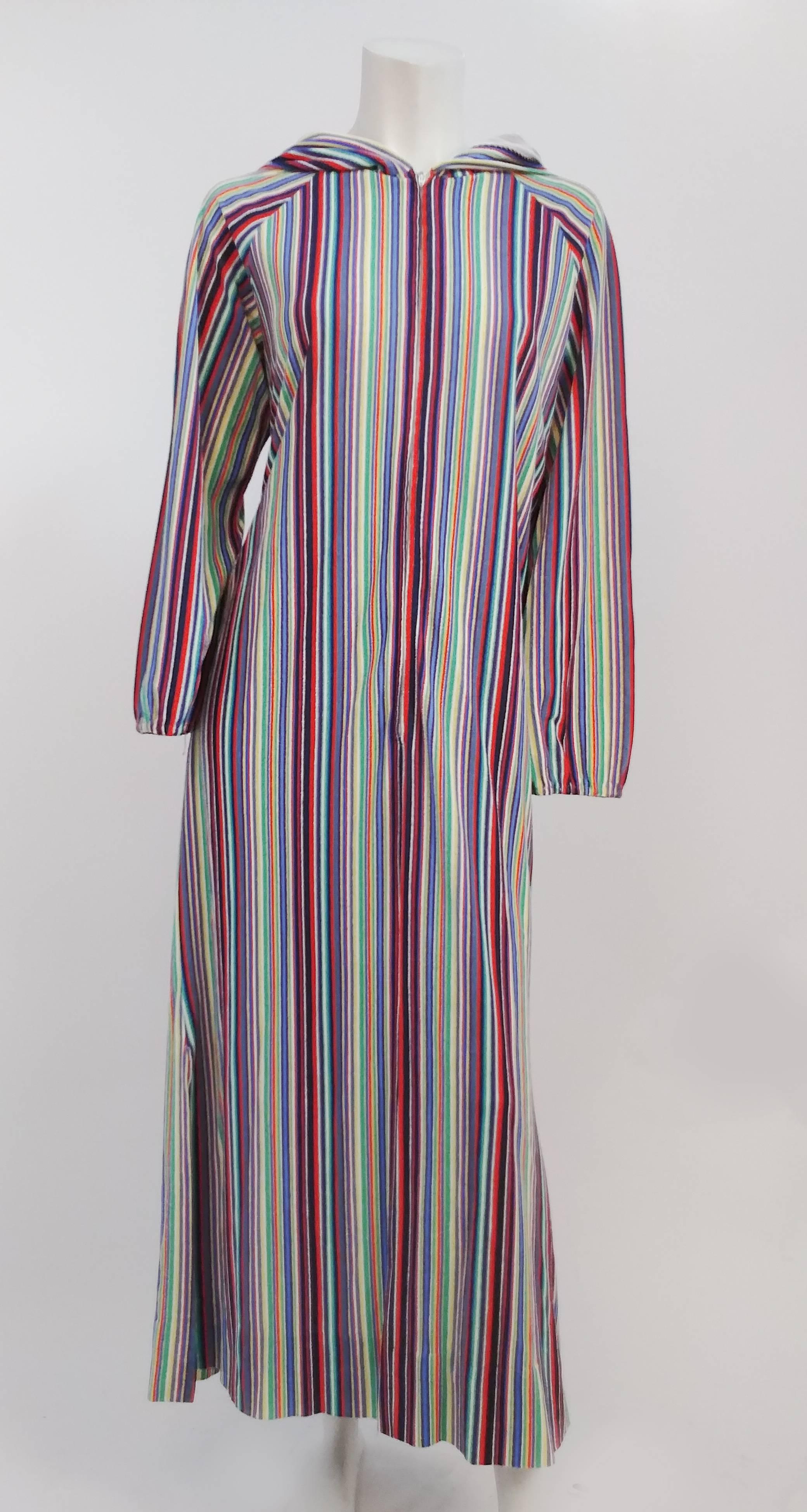 1970s Striped Hooded Coverup. Zip up font. Terrycloth.
