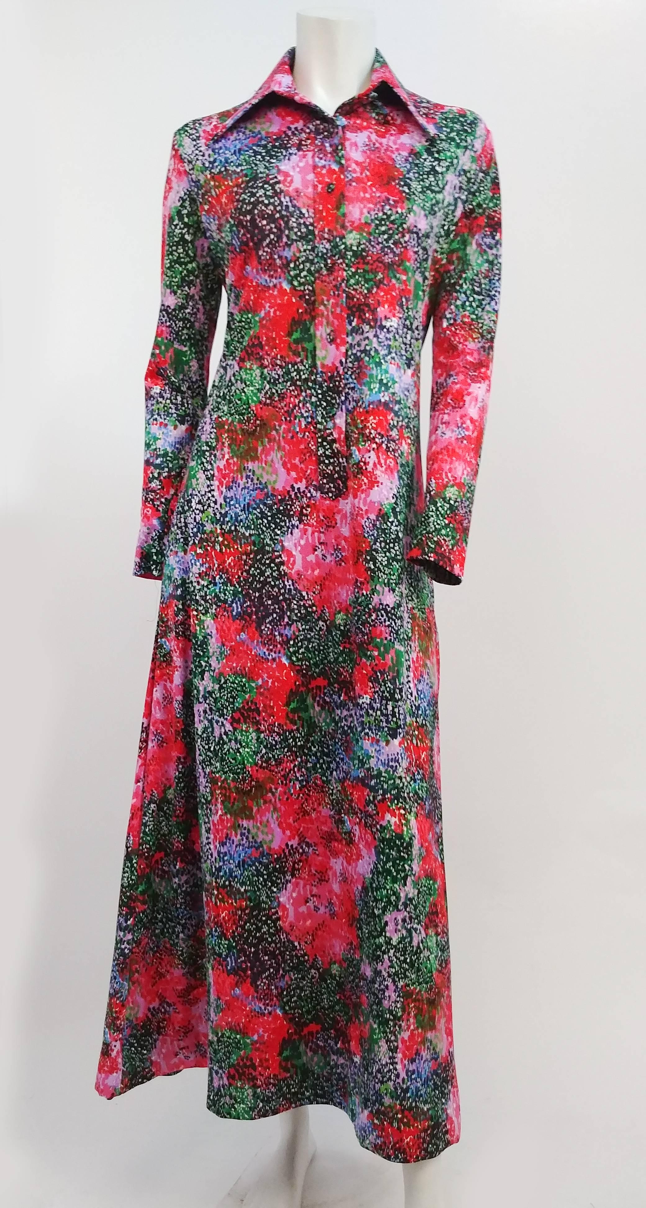 1970s Lanvin Printed Maxi Dress. Printed jersey fabric. Has inseam pockets. Belt unoriginal. 