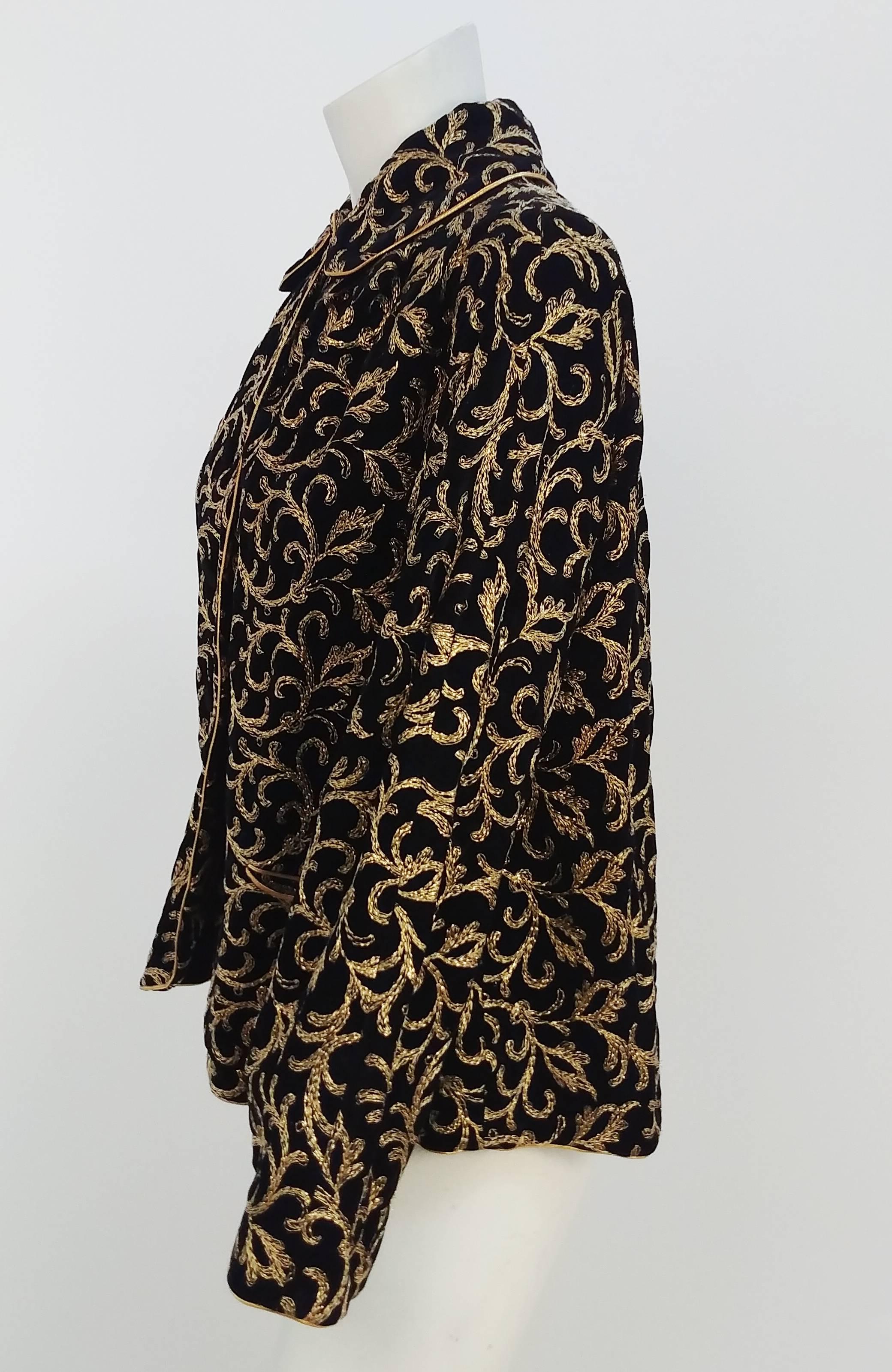 1960s Velvet Jacket w/ Metallic Embroidery. Unlined. Trimmed w/ golden metallic piping. 