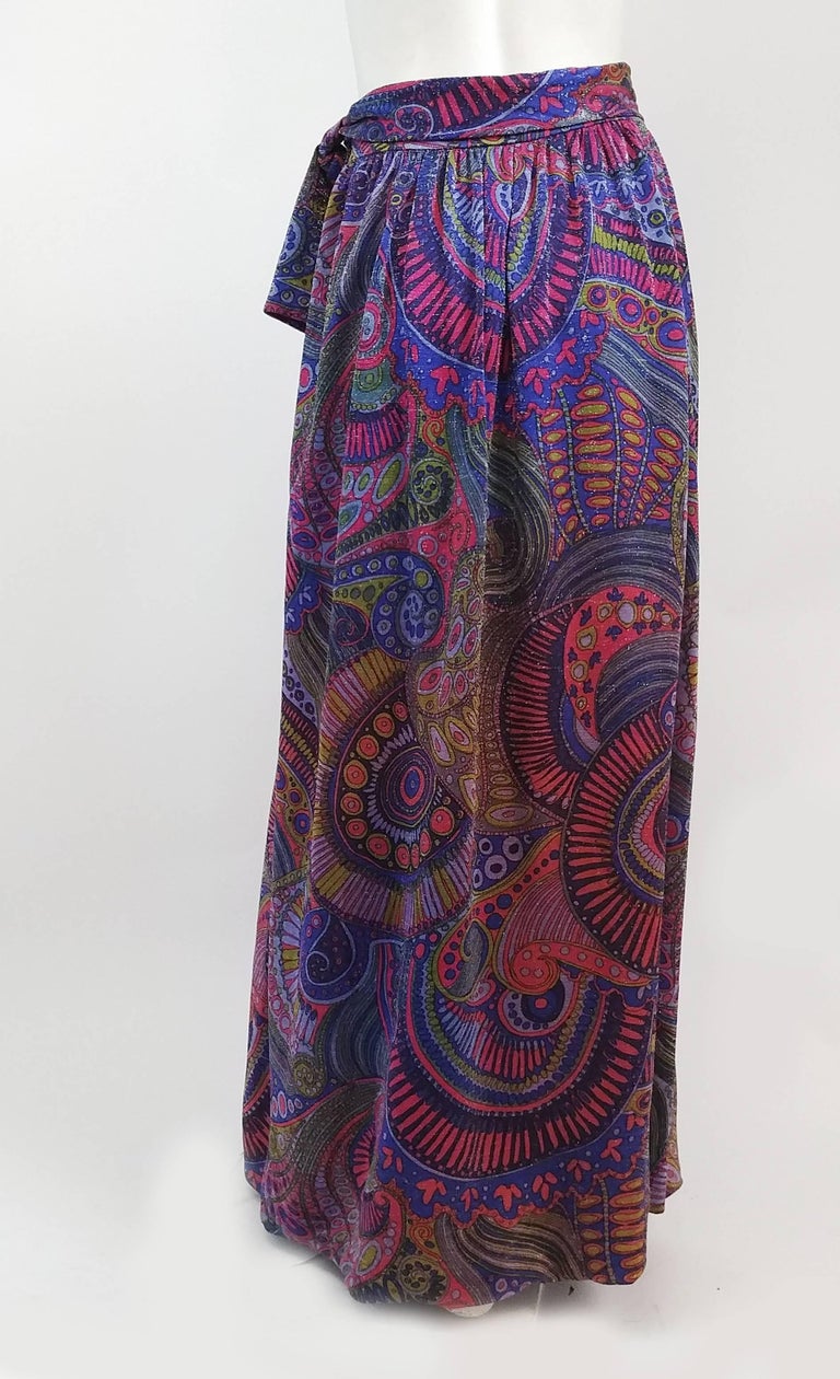 Women's 1970s Purple Metallic Psychedelic Couture Maxi Skirt For Sale