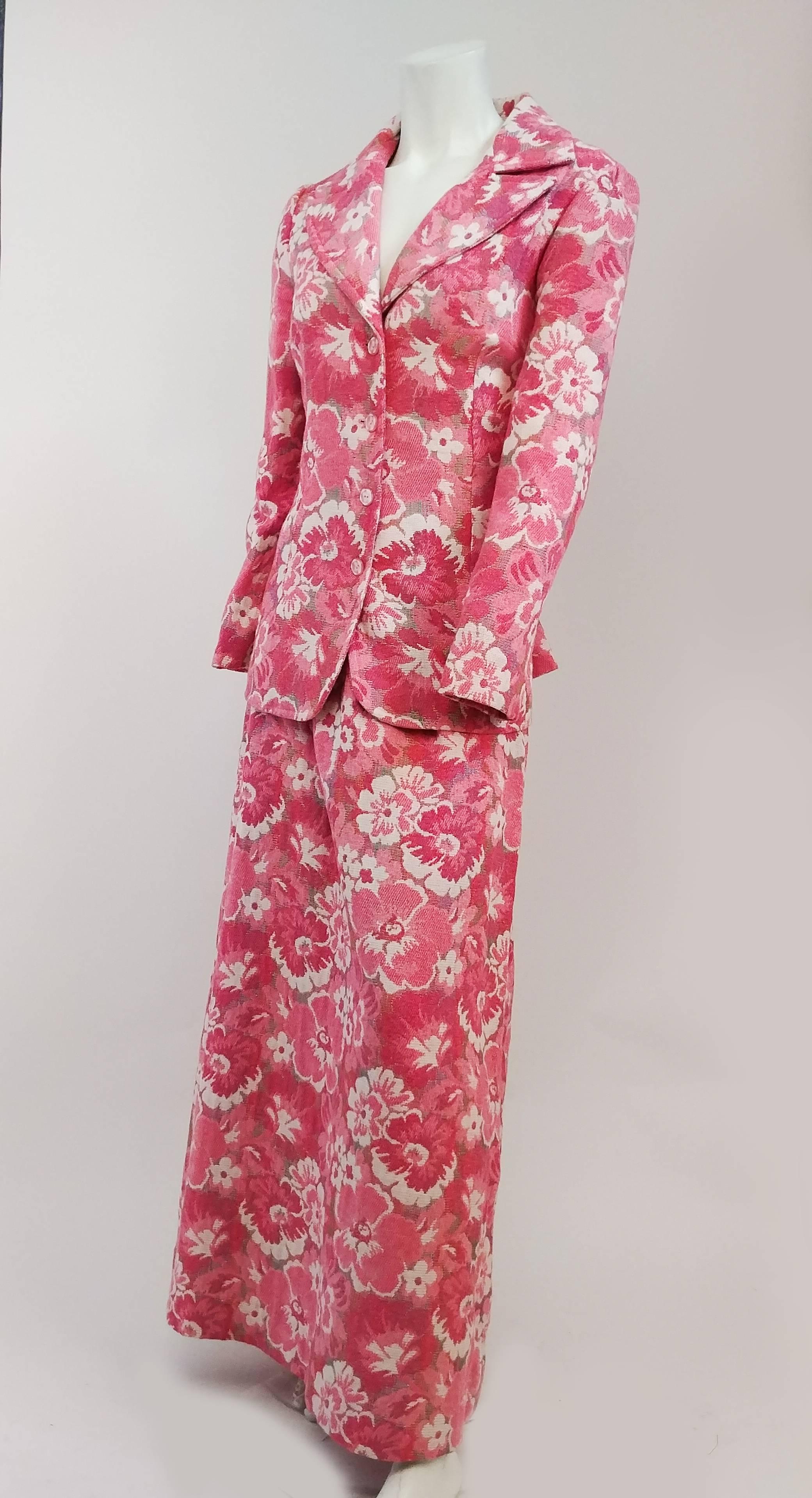 1970s Maxi Skirt and Suit Jacket Pink Tapestry Set. Jacket is 29