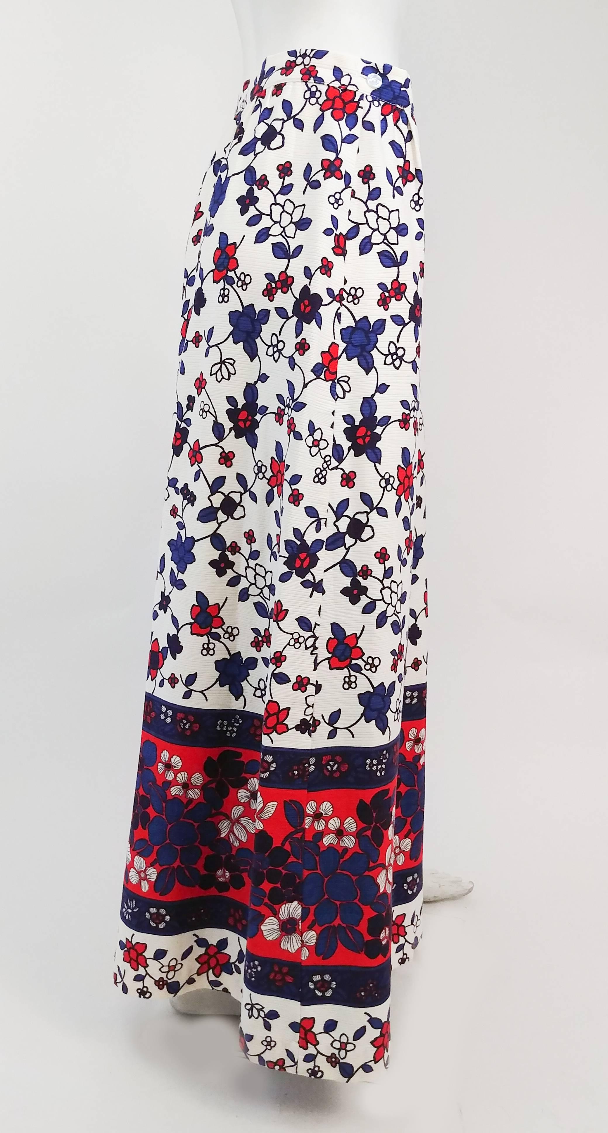 1970s Printed Wraparound Maxi Skirt. This wraparound skirt fastens with a button on the waistband and then ties on the other side of the waist for extra flair and functionality. 