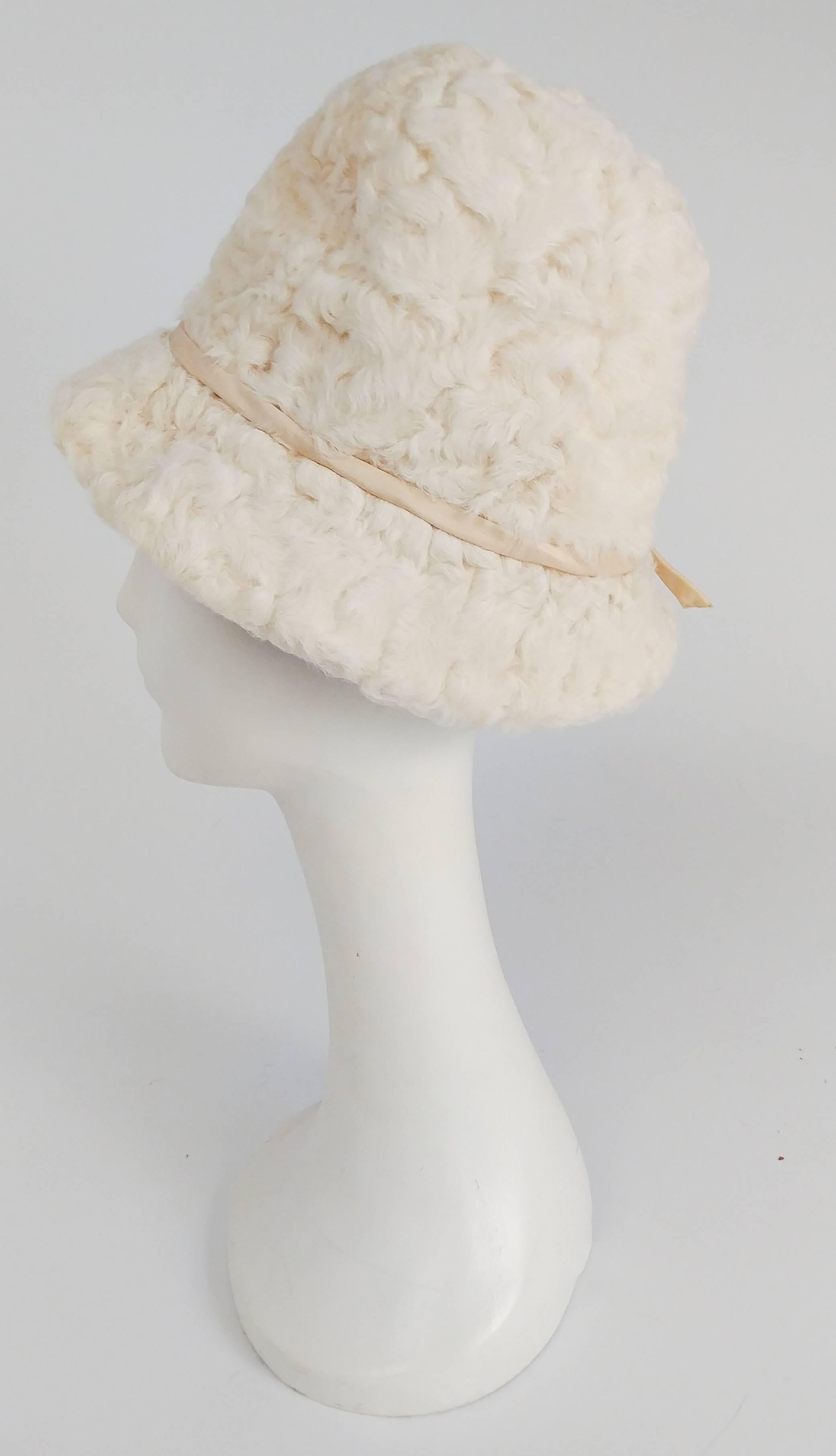 1960s White Persian Lamb Mod Cloche Hat. Fits small!