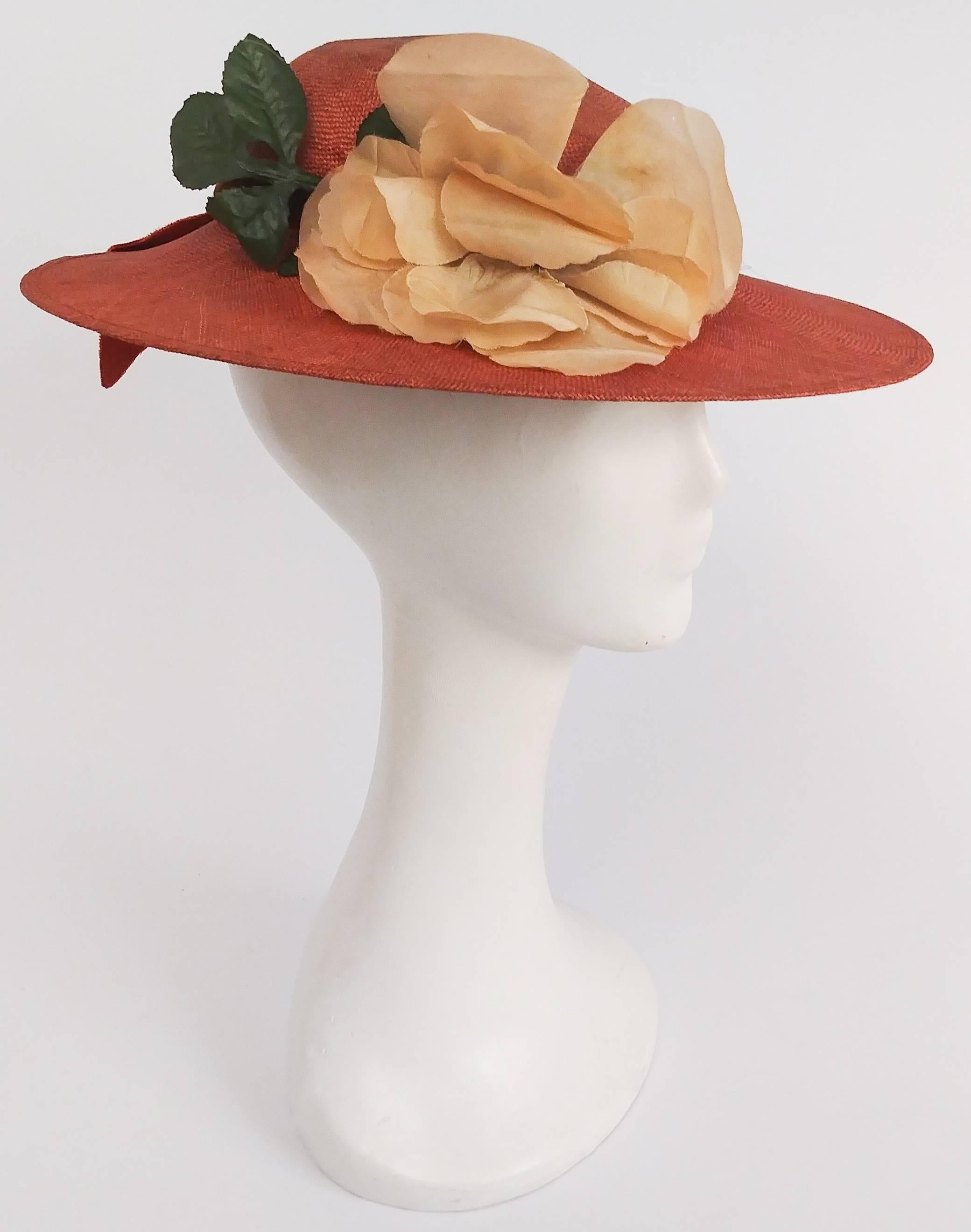 1930s Rust Straw Sun Hat. Large flower embellishes brim. 
