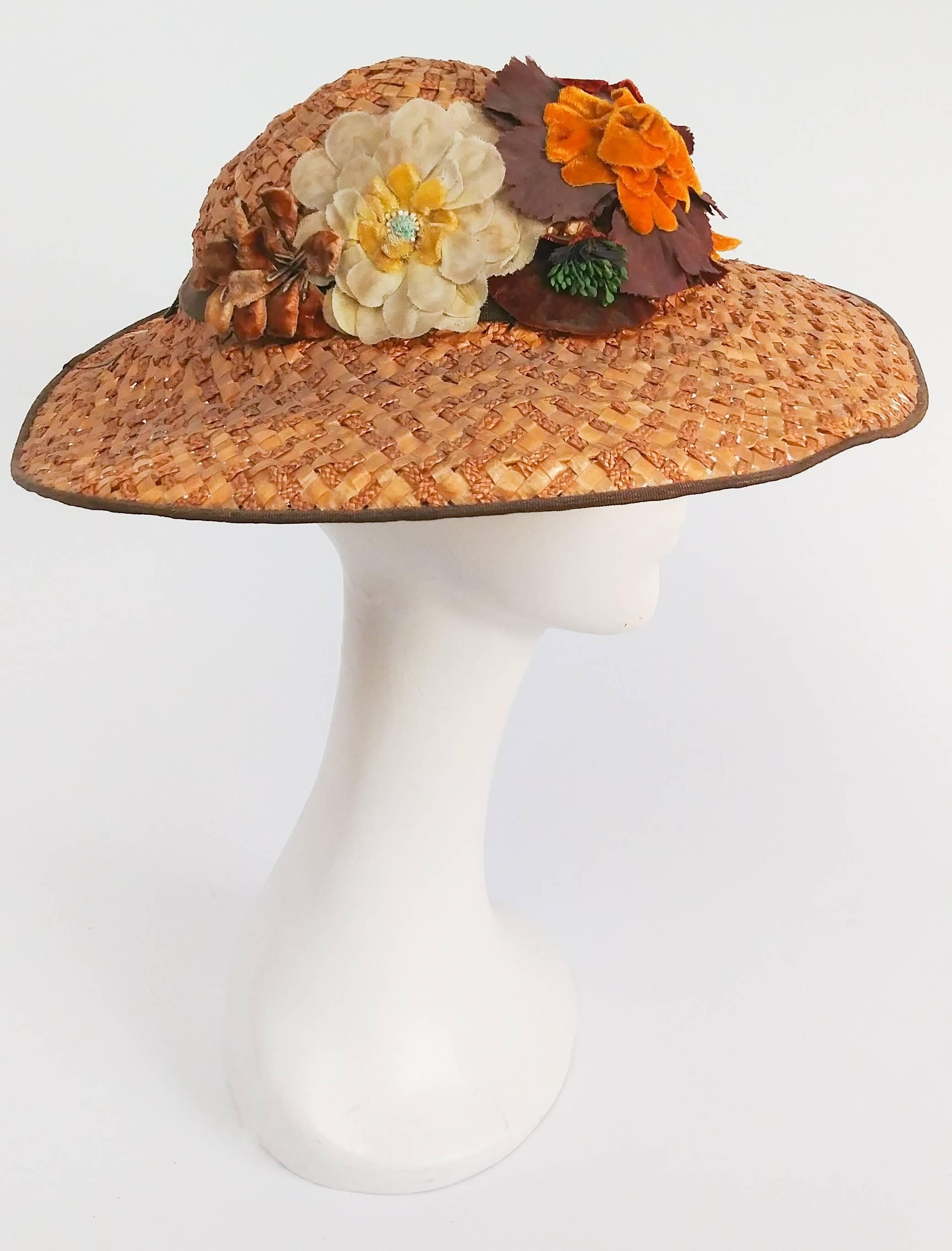 Brown 1930s Wide Brimmed Hat w/ Velvet Flowers