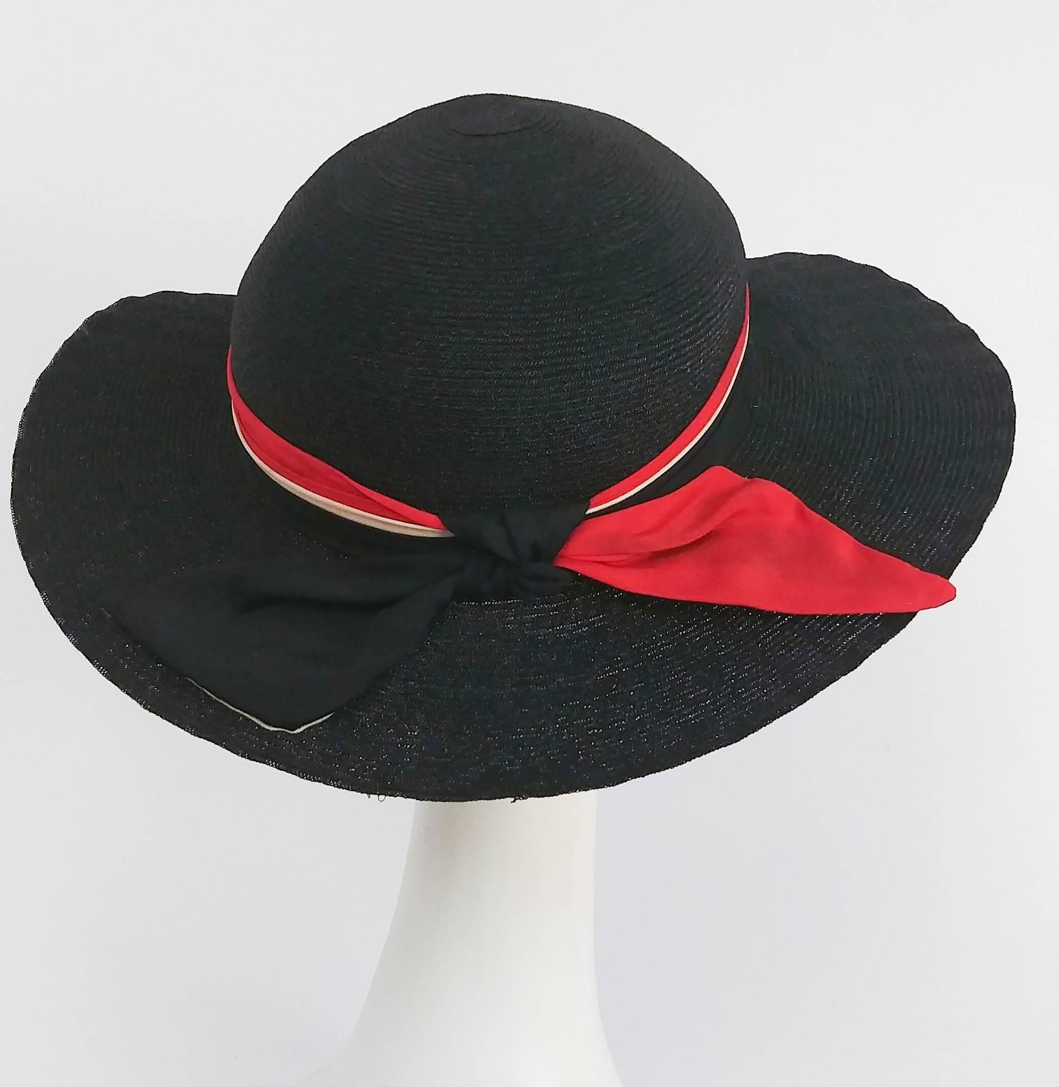 Women's 1930s Black Straw Sun Hat w/ Red & White Silk Ribbon Trim