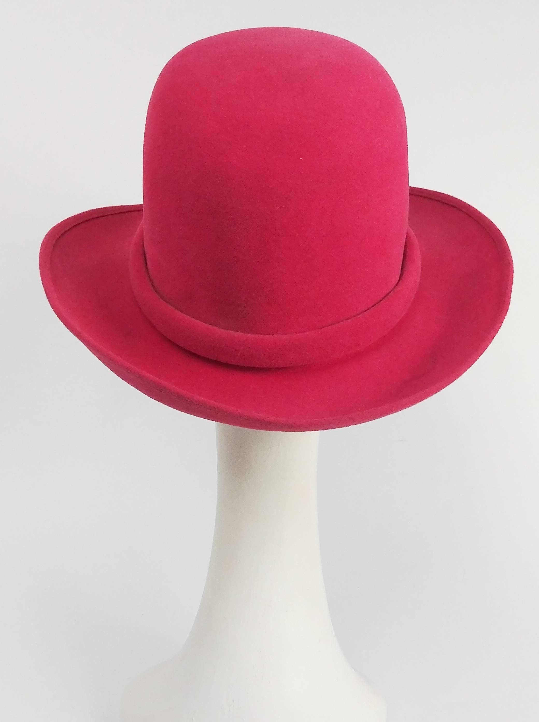1970s Hot Pink Borsalino Felt Hat. Satin hat band. Marked 22 1/2.