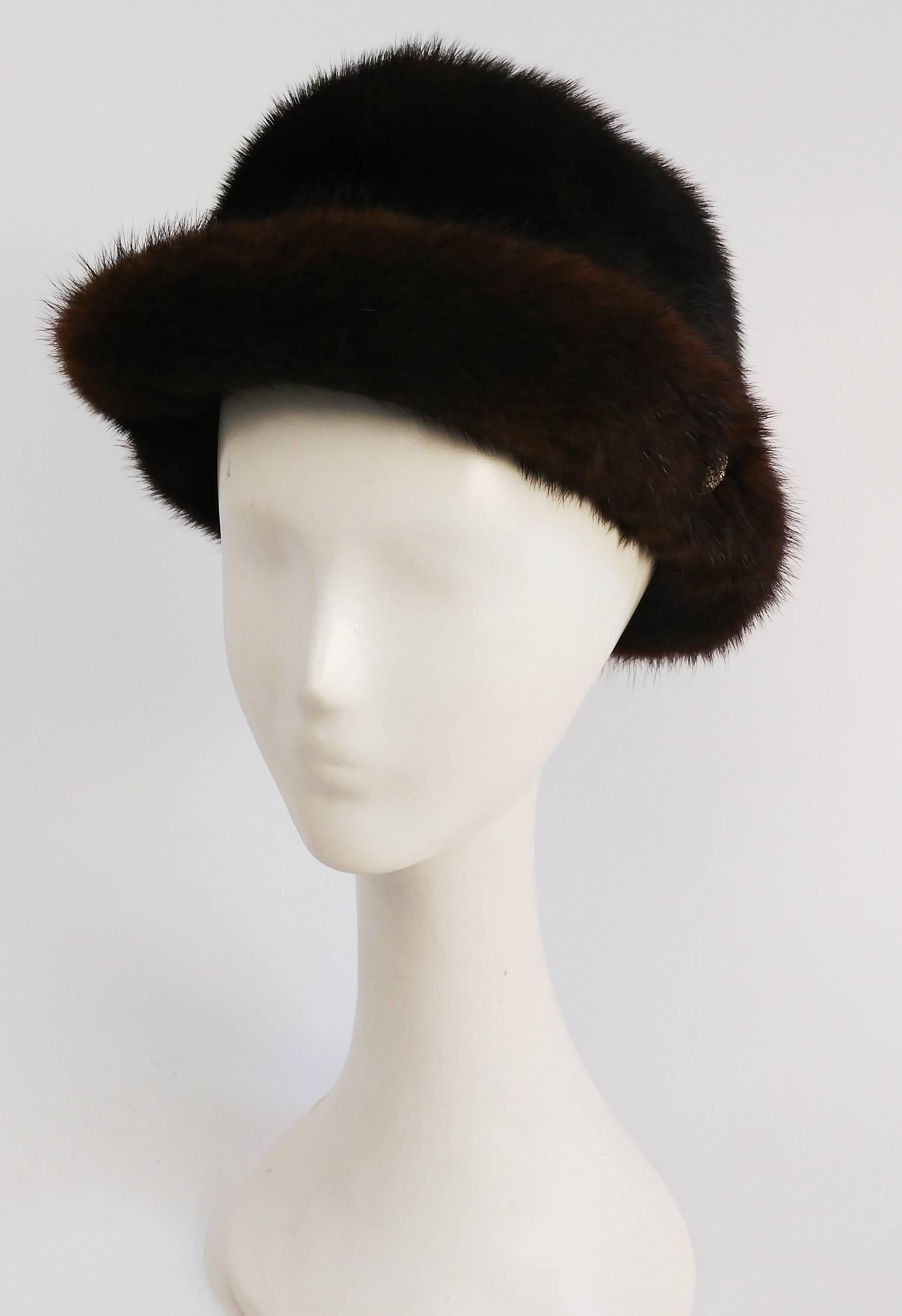 1960s Chocolate Brown Mink Hat. Decorative button sewn on each side to keep brim flipped up.