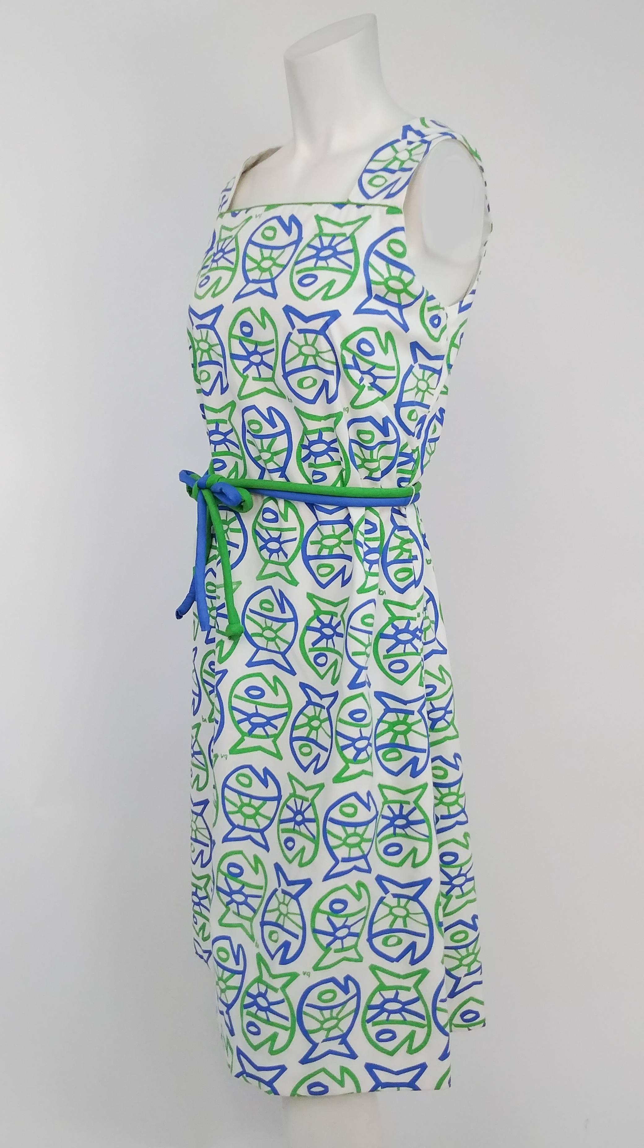 1960s Whimsical Fish Print Sun Dress. Contrast cord waist ties. Zips up back. 
