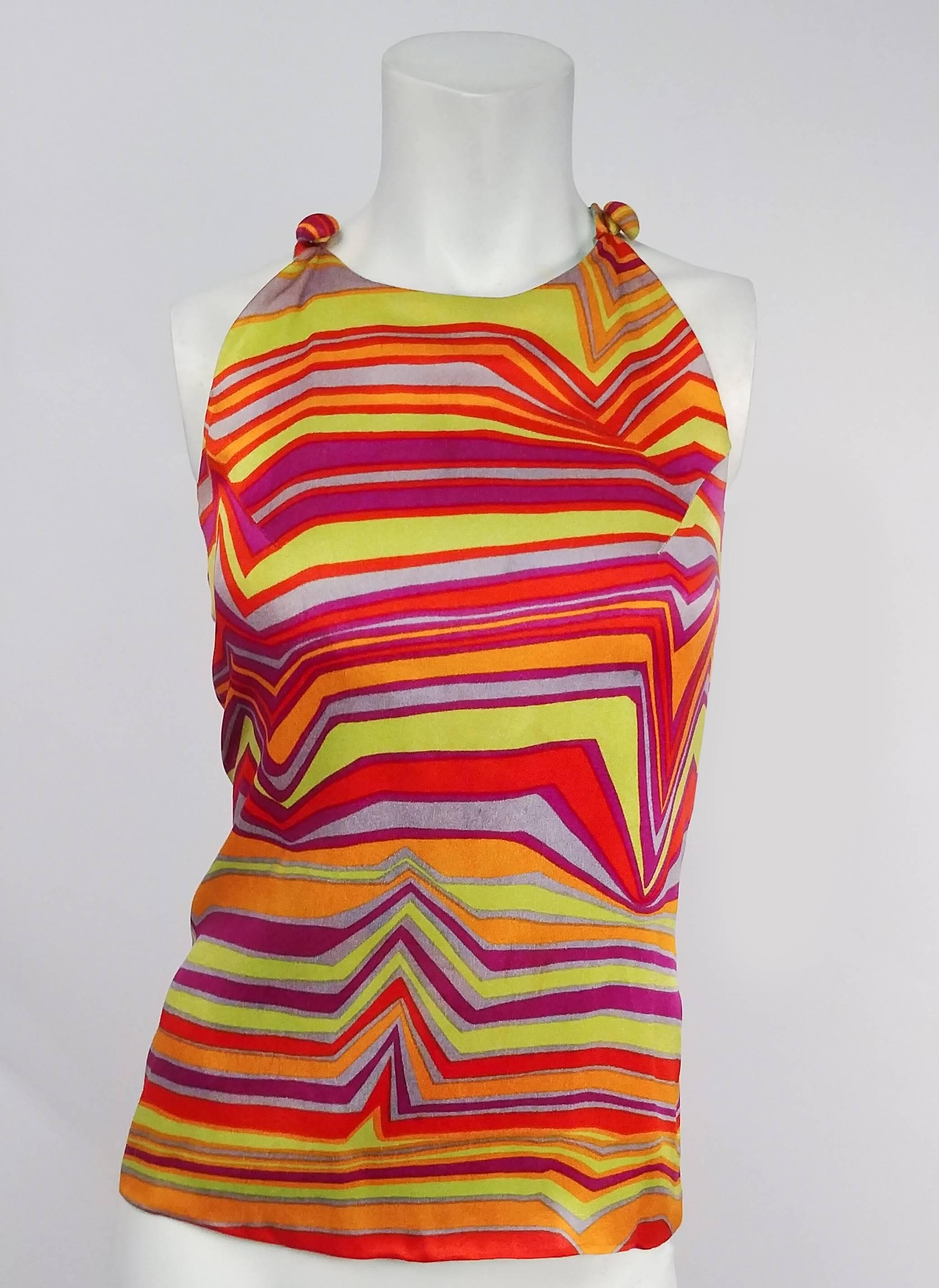 1960s Acid Rainbow Psychadelic Two Piece Set. High waisted wide leg flare pants. Top buttons at shoulders and zips up side. 