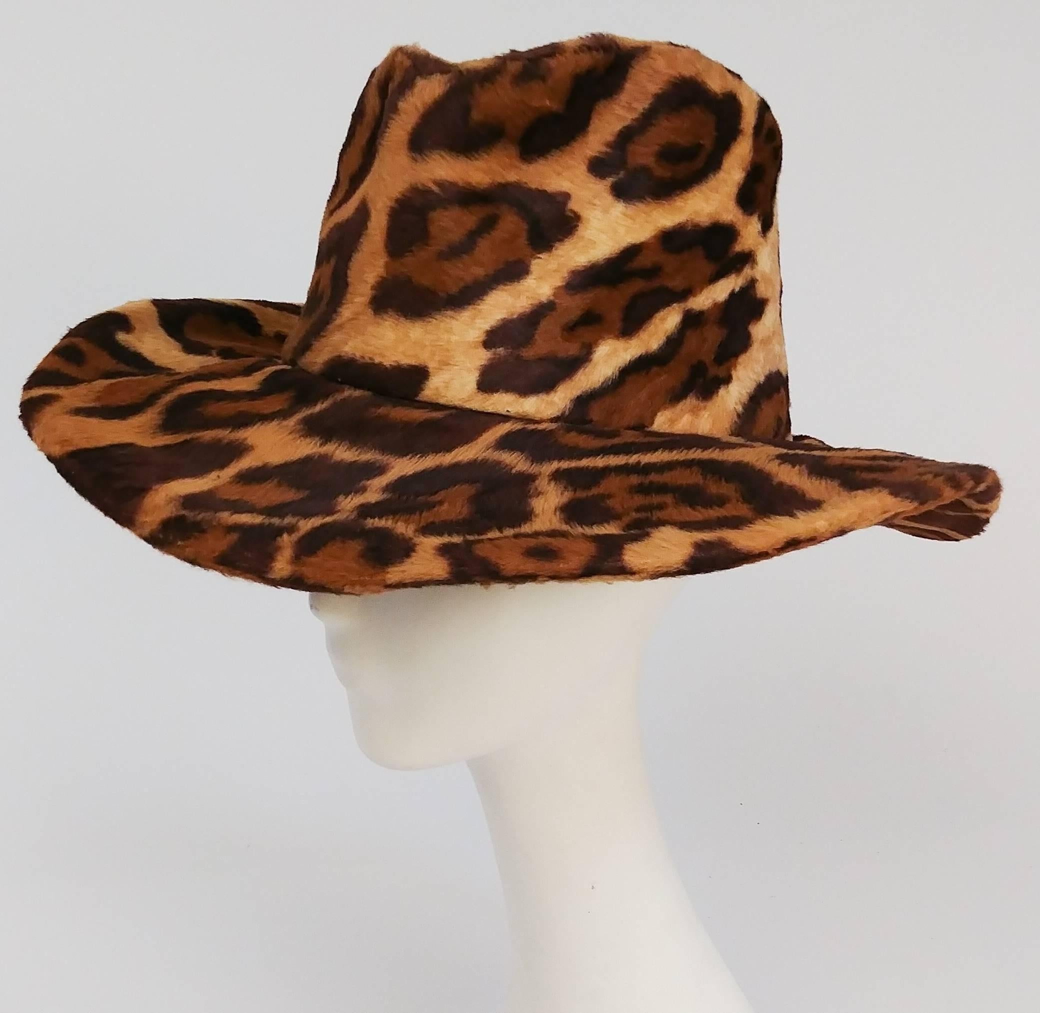 1970s Adolfo II Animal Print Western Hat. Faux fur fabric. Wire brim. 