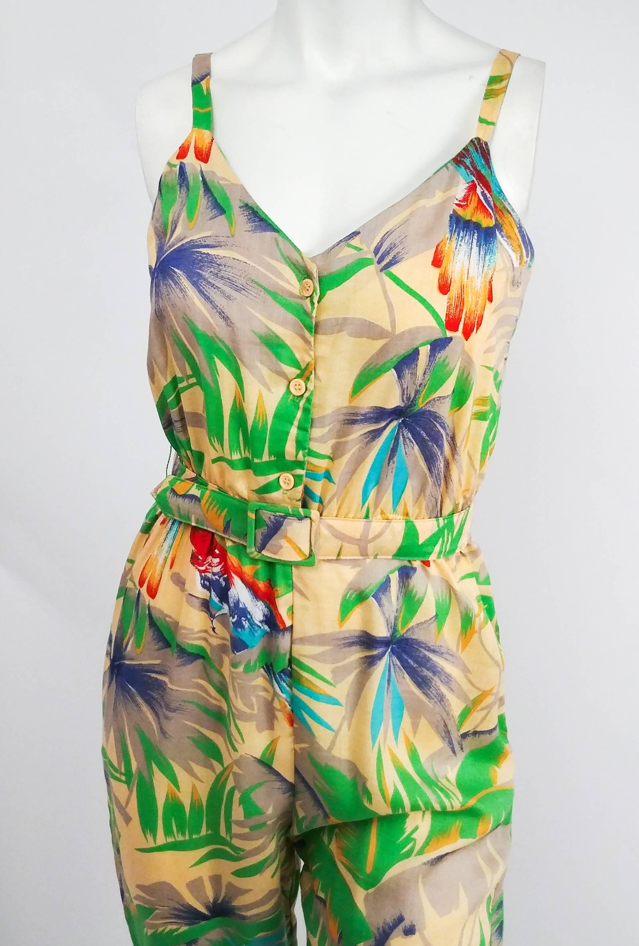1970s Jungle Print Rayon Jumpsuit. Front button-up. Matching belt included. Elasticated waist. 