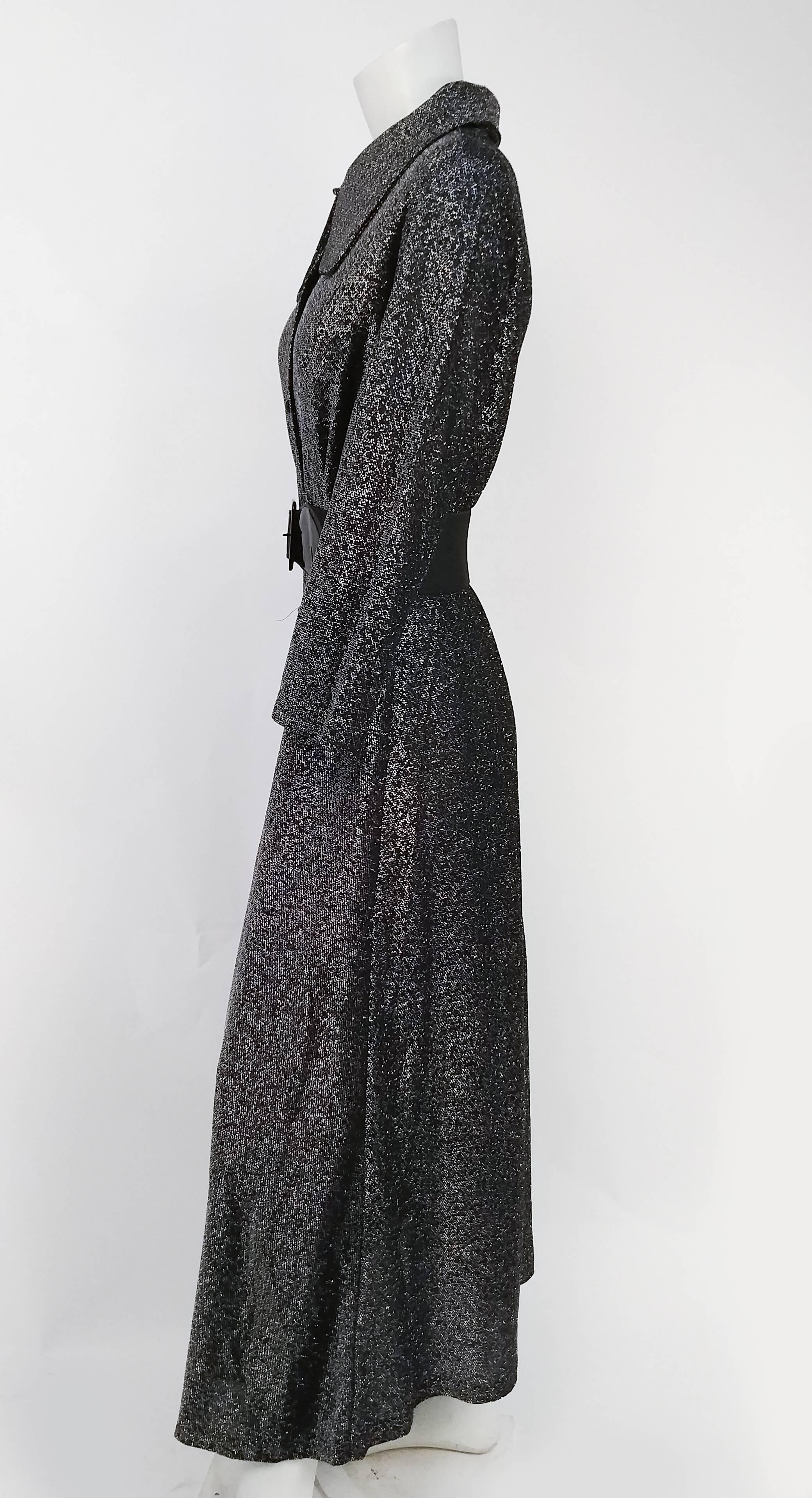 1970s Disco Studio 54 Lamé Black Maxi Dress. Classic large collar. Buttons up front with rhinestone buttons. Wide belt included, not original. 