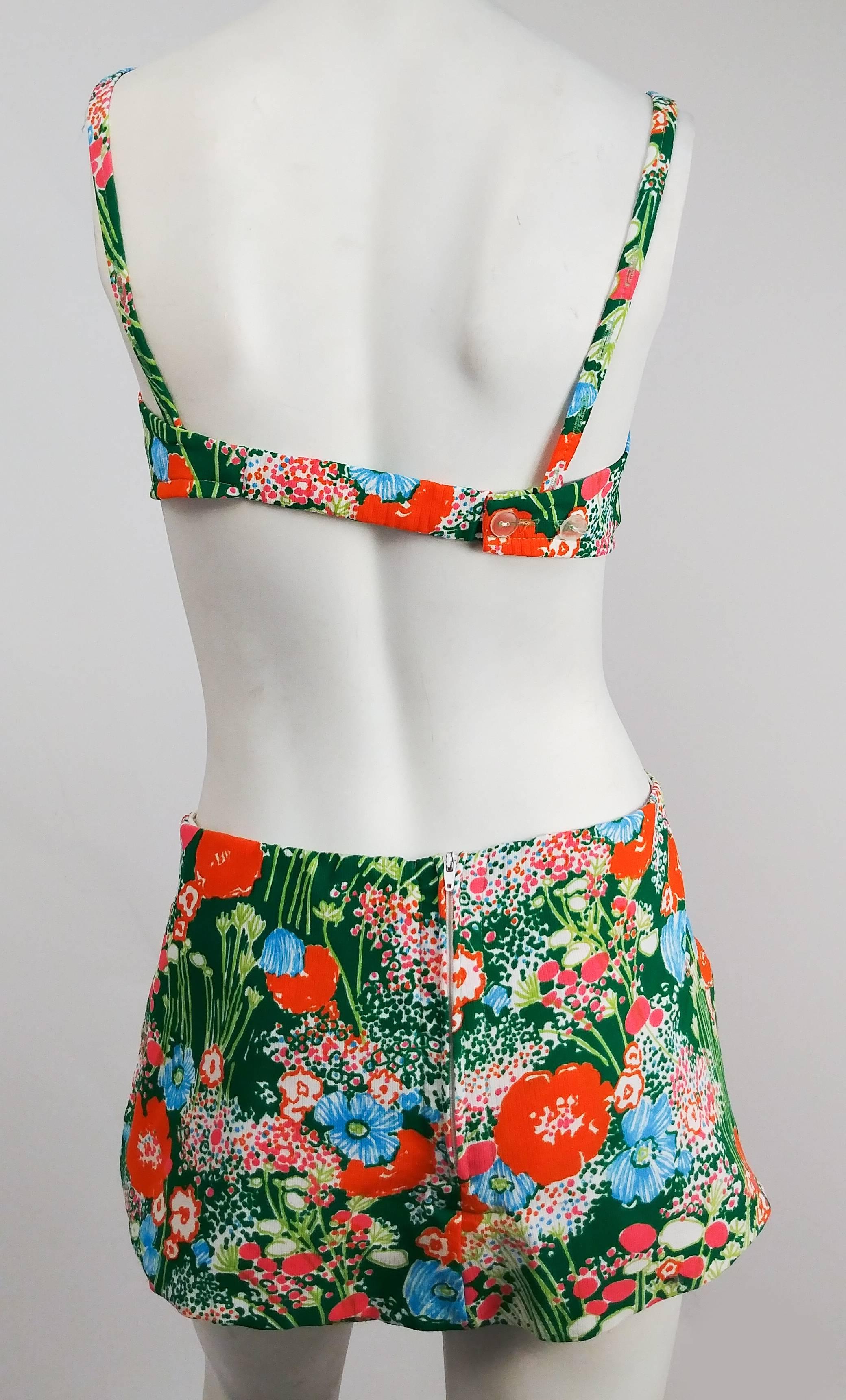 Gray 1960s Flower Print Two Piece Bikini Swimsuit