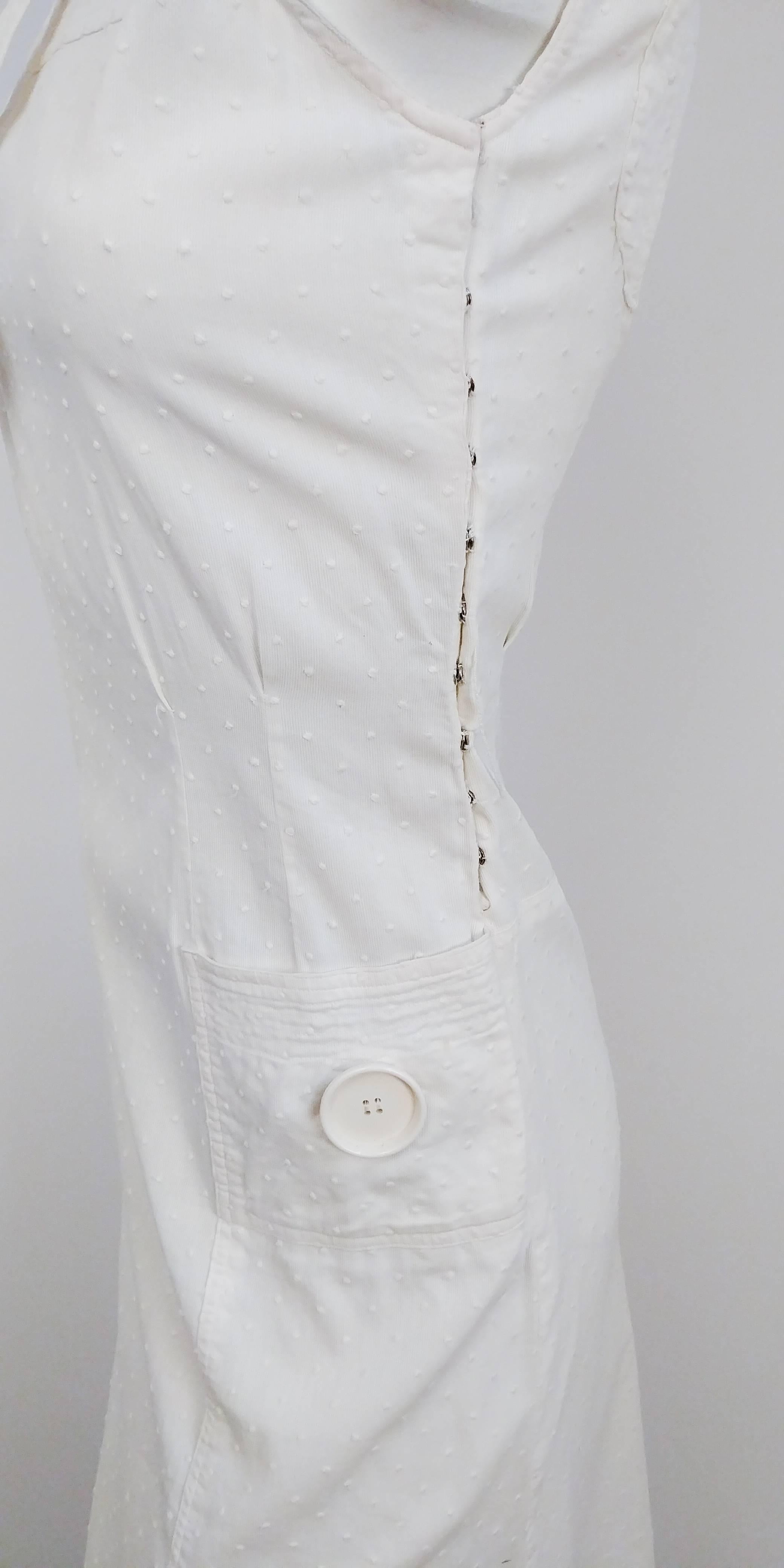 Women's 1920s White Swiss Dot Day Dress w/ Large Button Detail  For Sale
