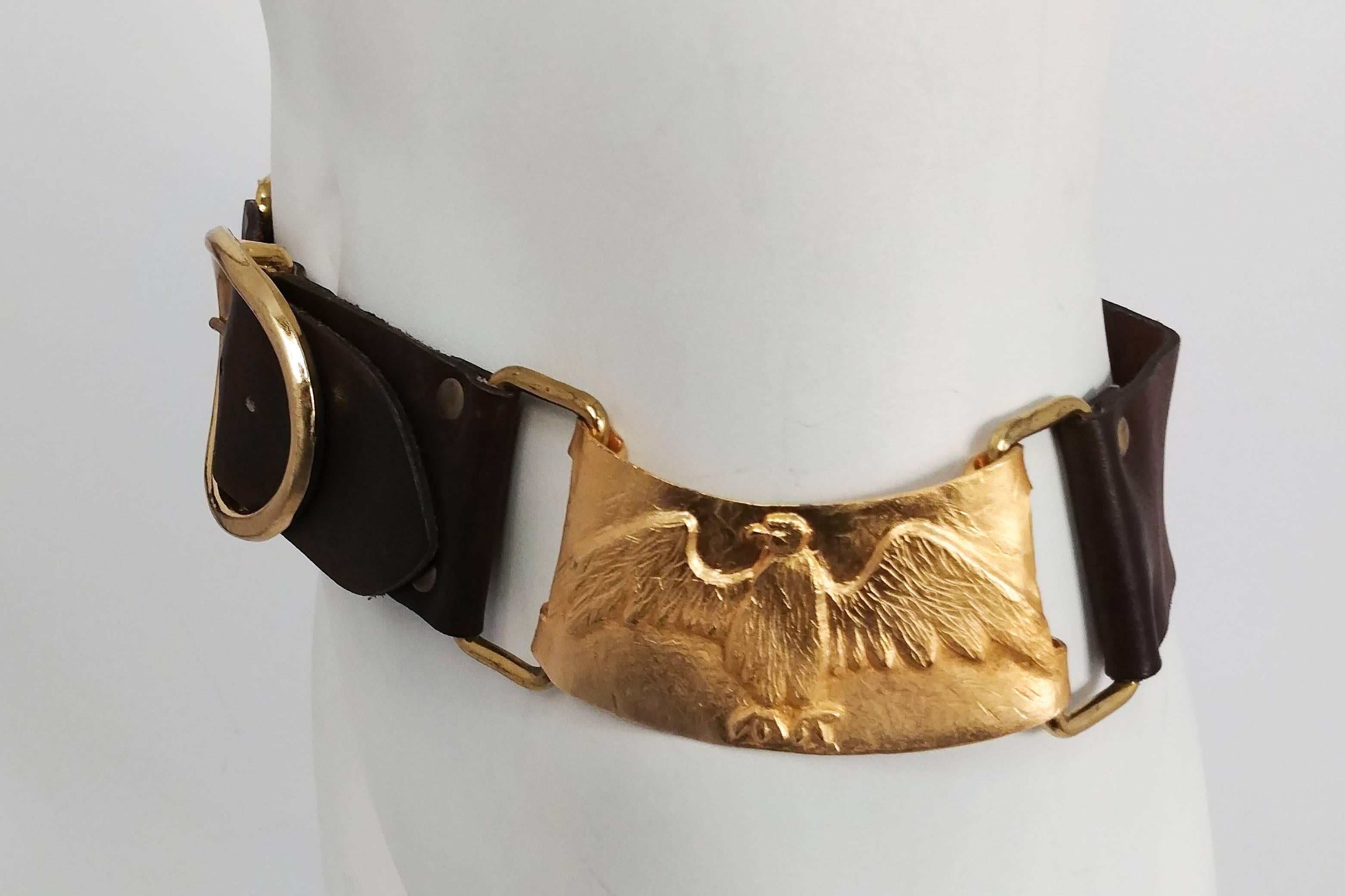 1970s Castlecliff Golden Eagles & Leather Belt. Thick brushed links between each leather pieced. Large oval front buckle, nonremovable. 31.5