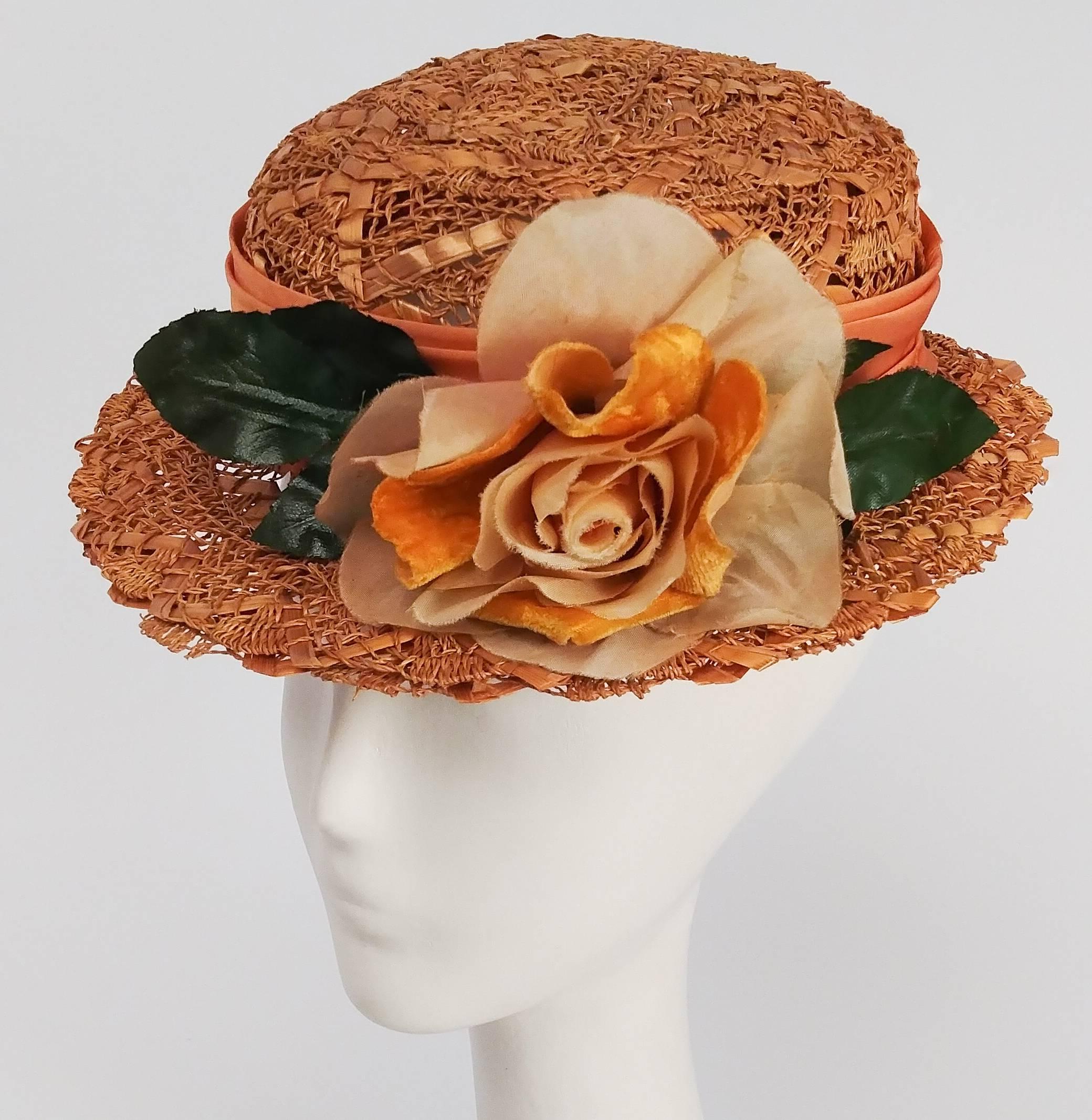 1930s Orange Straw Hat w/ Flower. Sits atop head, perched forward. Embellished with cheerful orange band. 