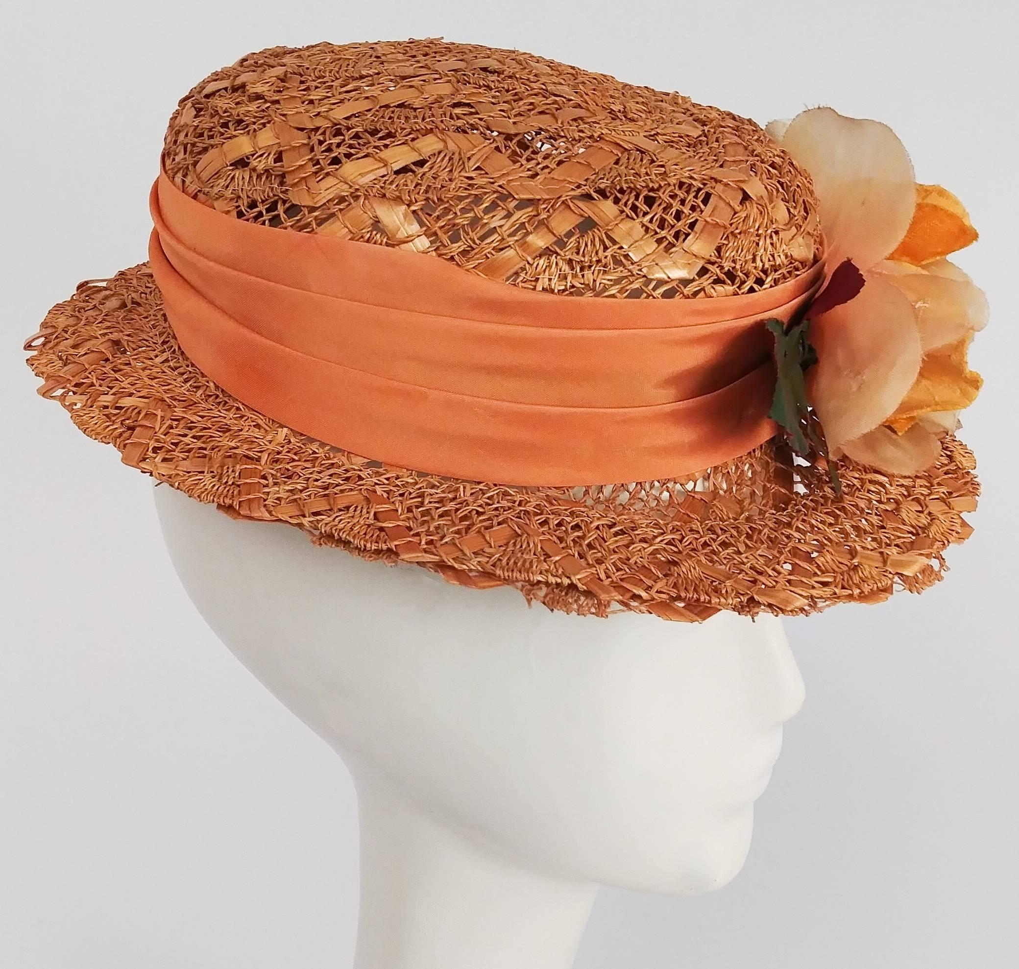 Women's 1930s Orange Straw Hat w/ Flower