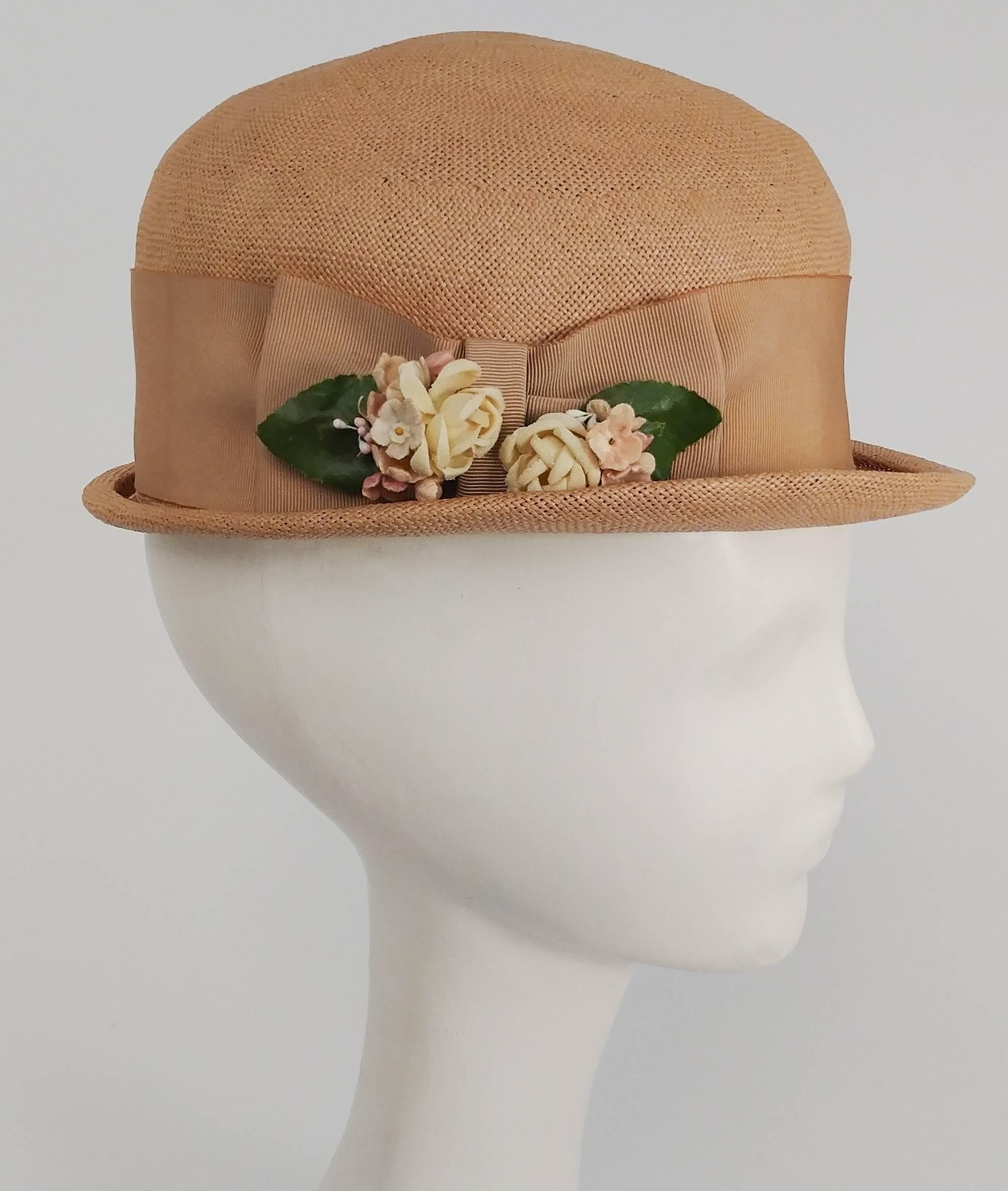 1930s Woven Straw Hat w/ Wide Ribbon. Decorated with small flowers in band. 