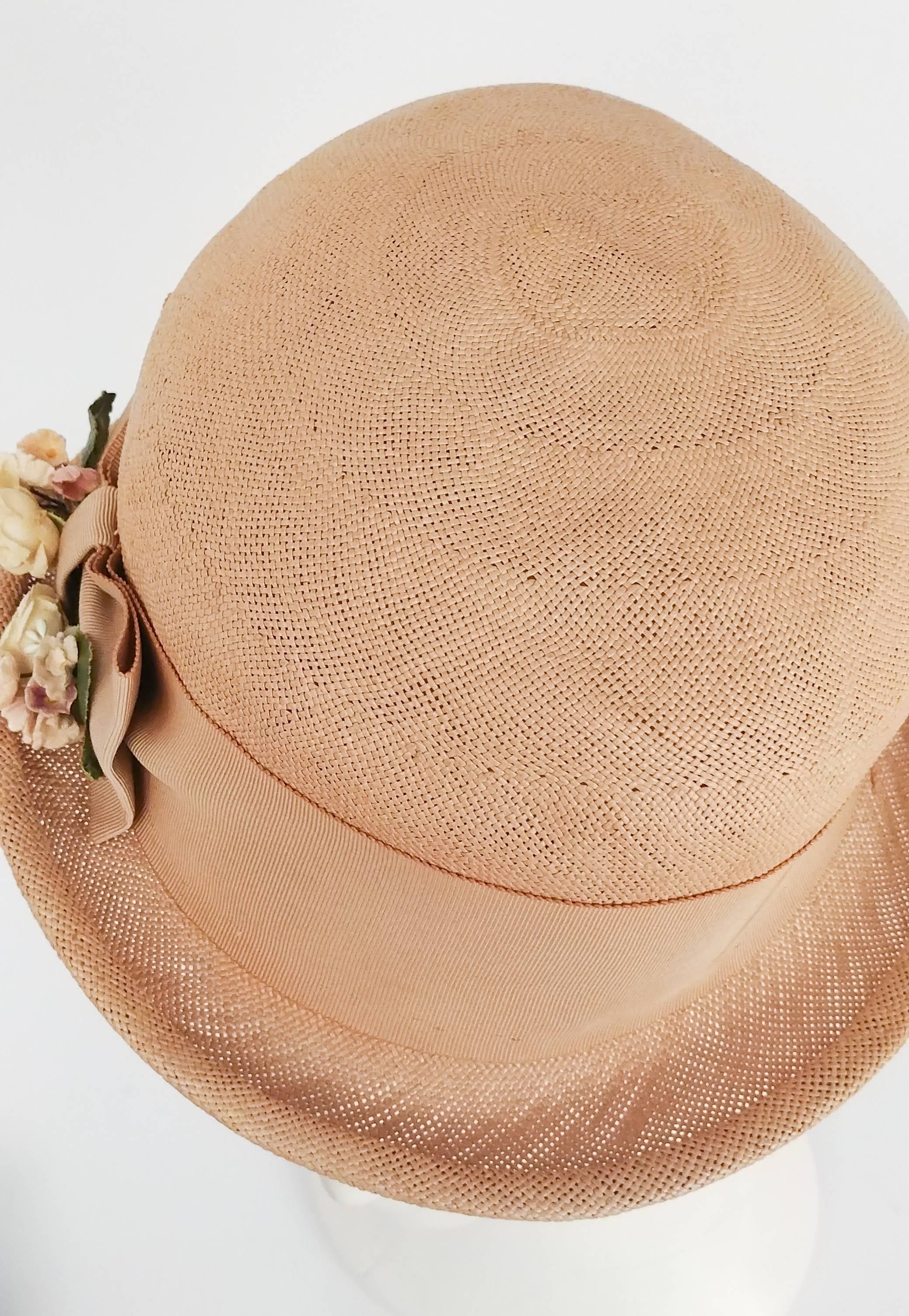 Brown 1930s Woven Straw Hat w/ Wide Ribbon