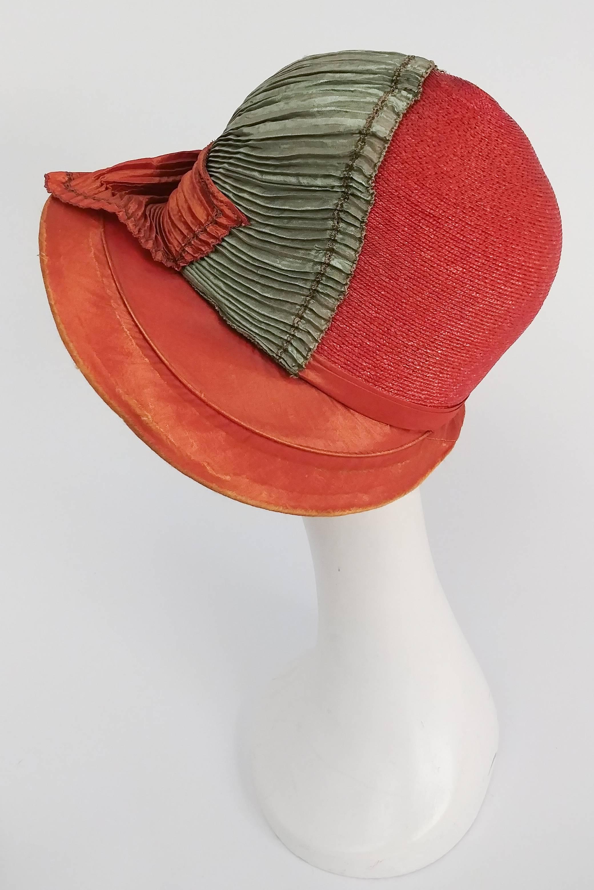 1920s Burnt Orange & Seafoam Green Wide Brim Cloche Hat In Excellent Condition In San Francisco, CA