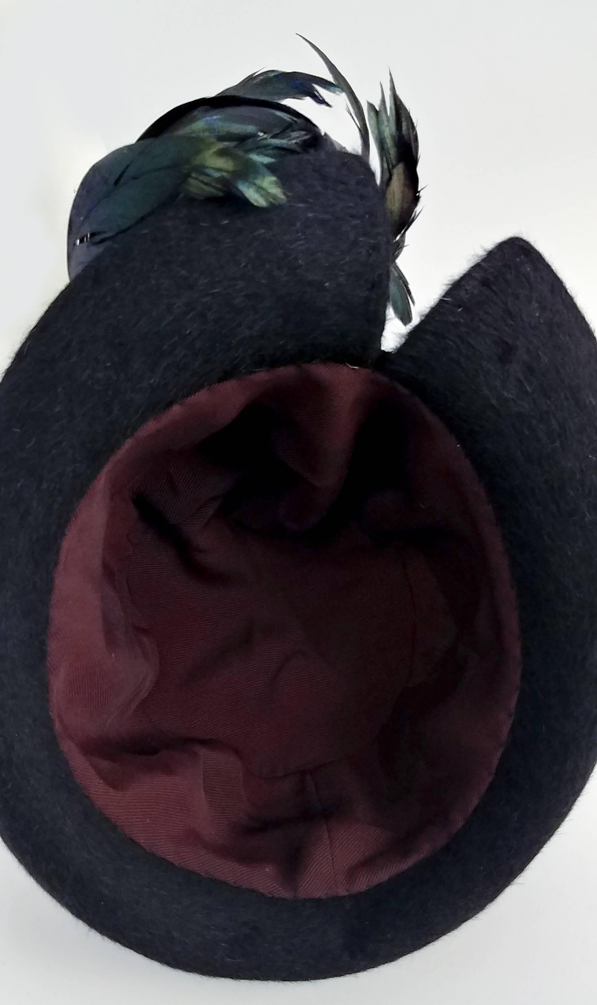 Black 1960s Fur Felt Cloche Hat w/ Rooster Feathers