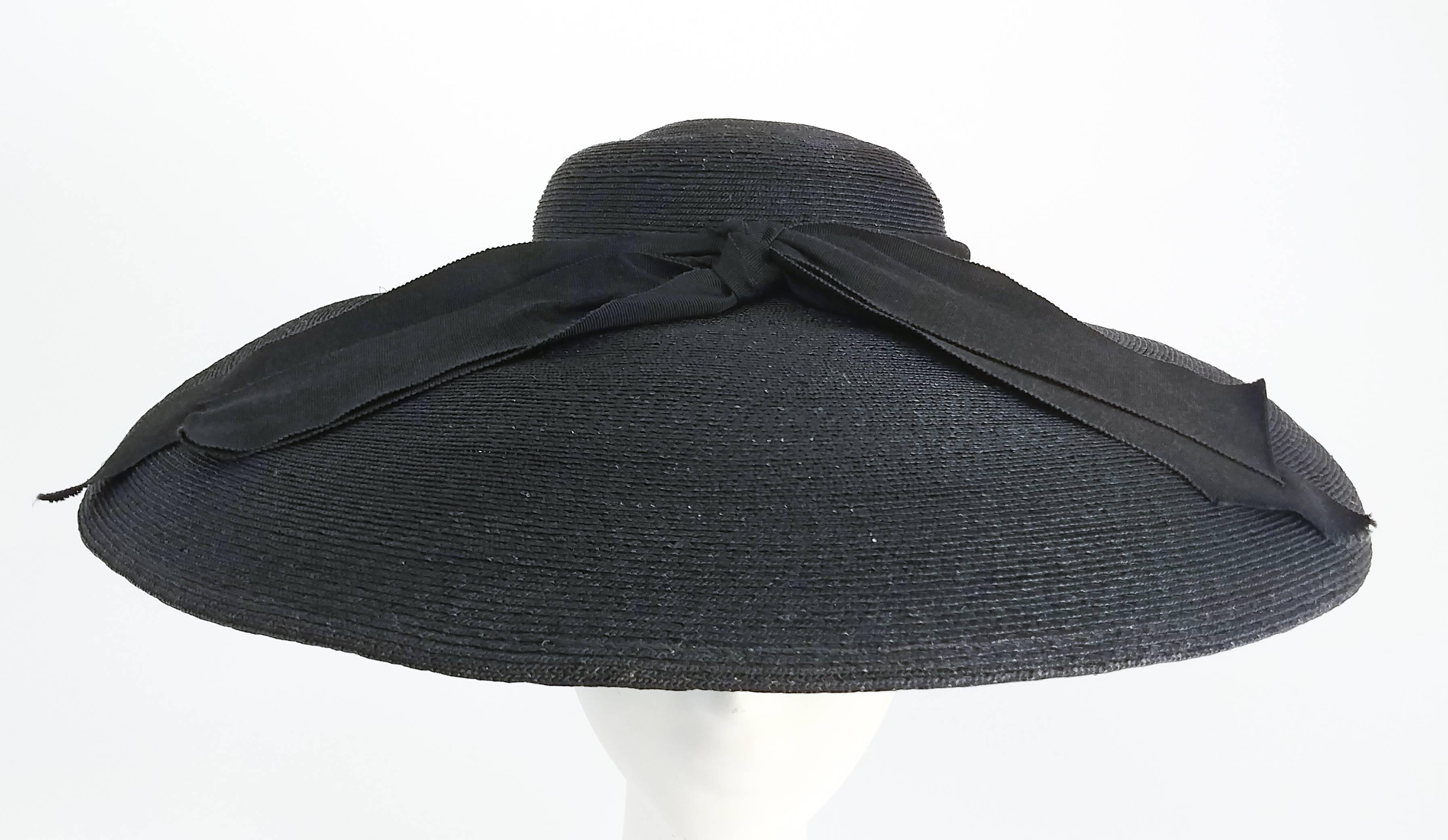 Women's 1950s Black Woven Sun Hat w/ Large Bow