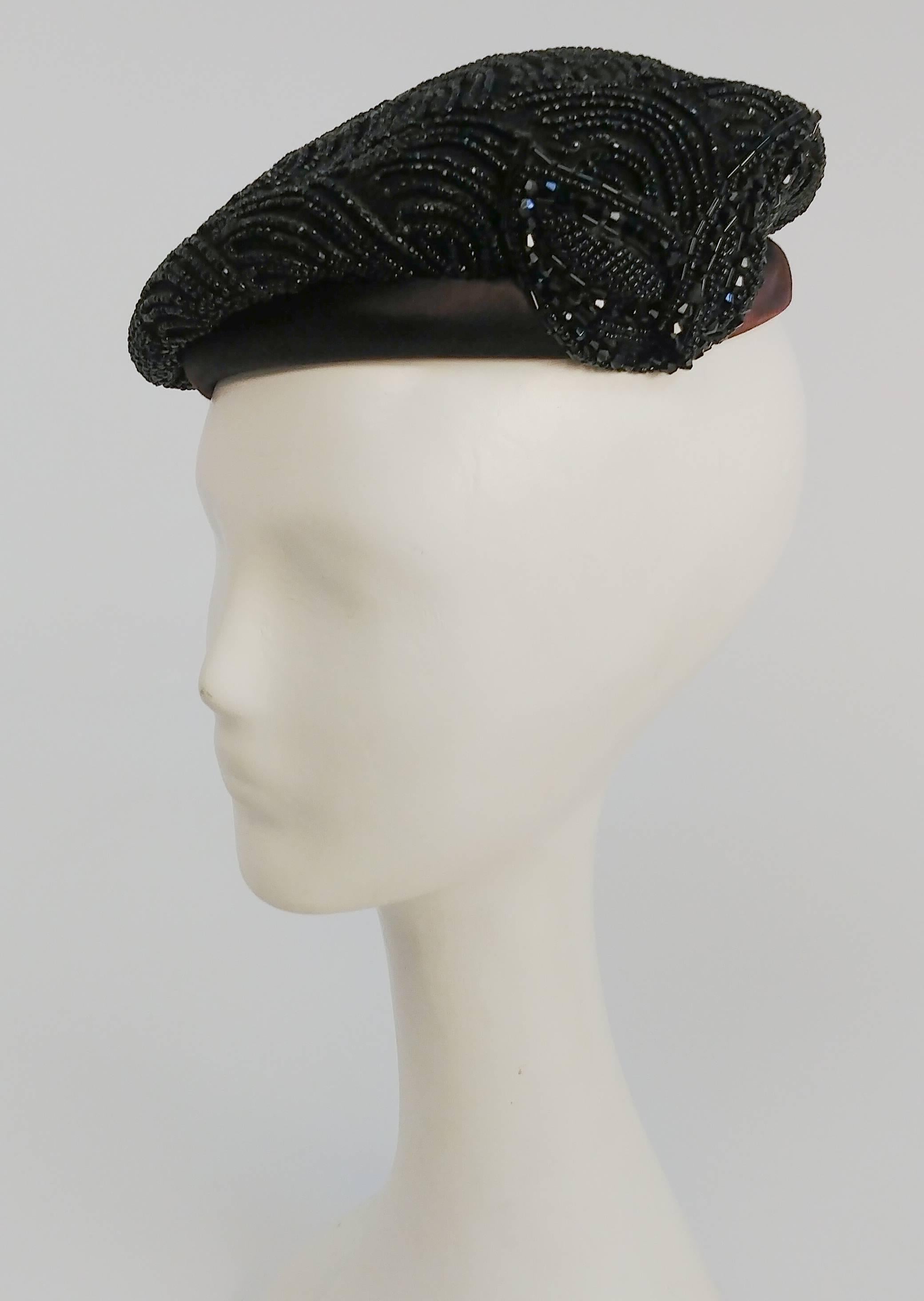1940s Black Beaded Beret In Excellent Condition In San Francisco, CA