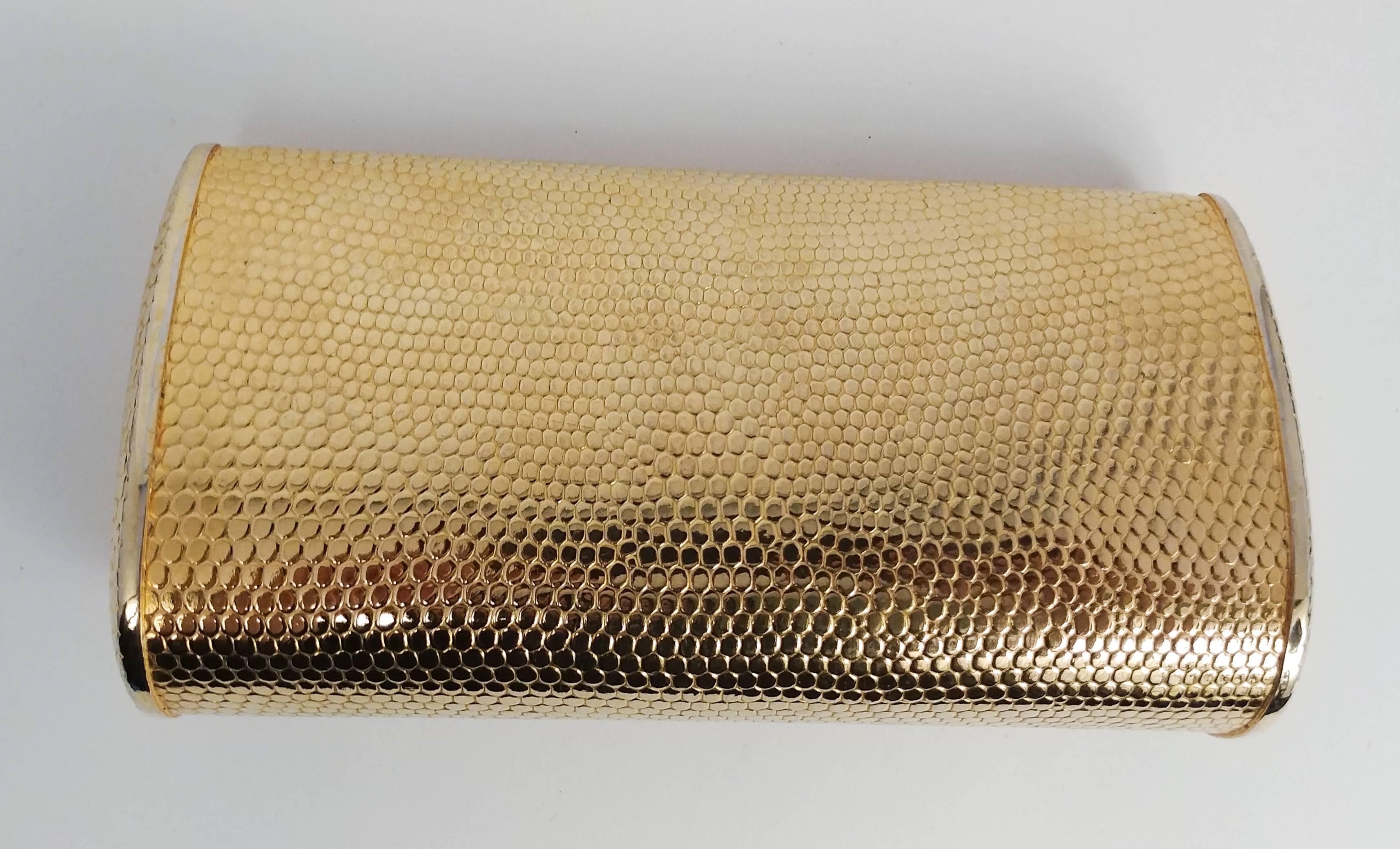 1950s Walborg Golden Metal Clutch Purse. Hammered texture resembles lizard skin. Mirror inside top flap when flipped open, lined with velvet. 