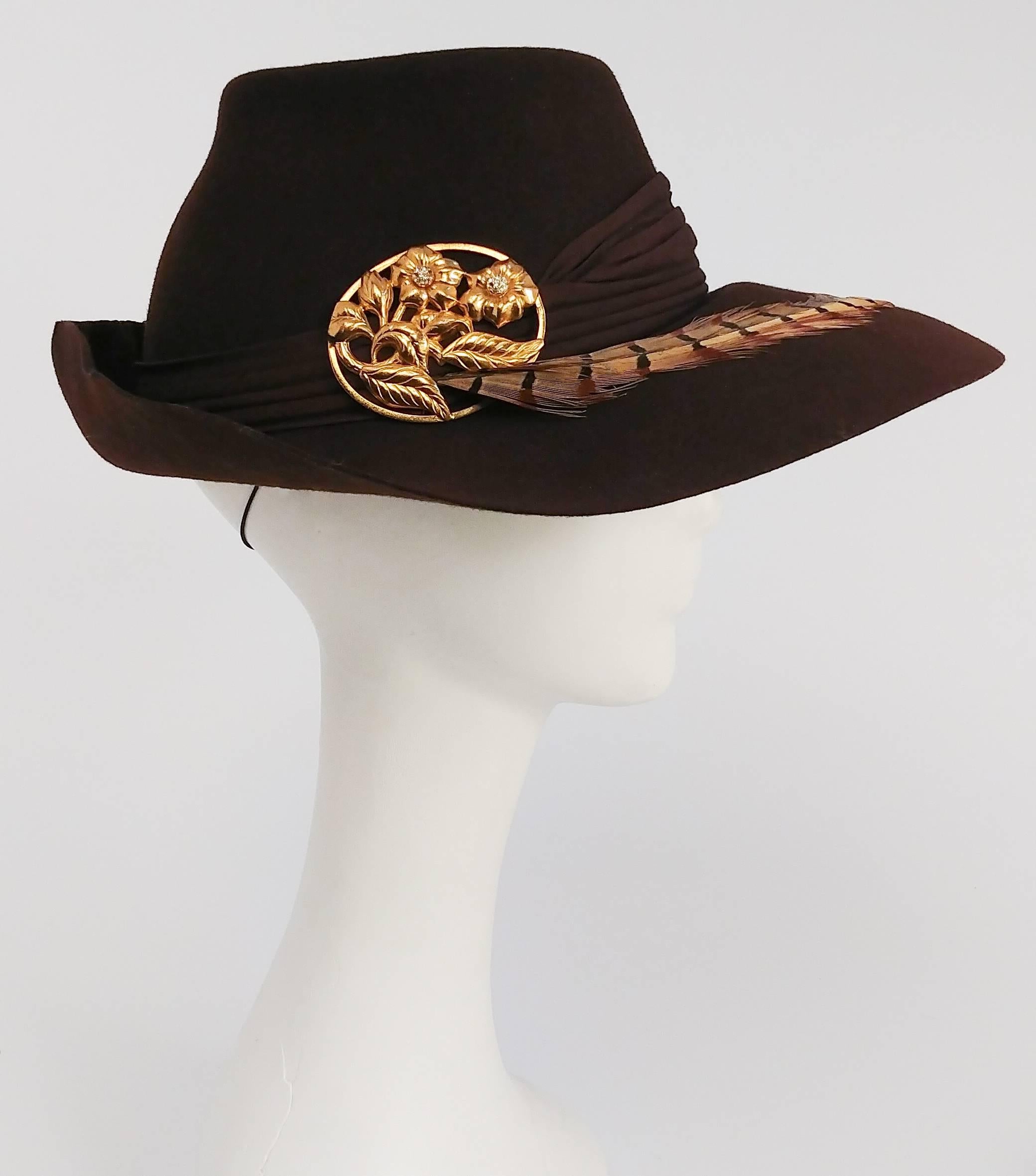 Black 1940s Brown Large Brimmed Hat w/ Pheasant Feather