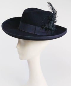 Navy Blue Women's Fedora w/ Curled Feather