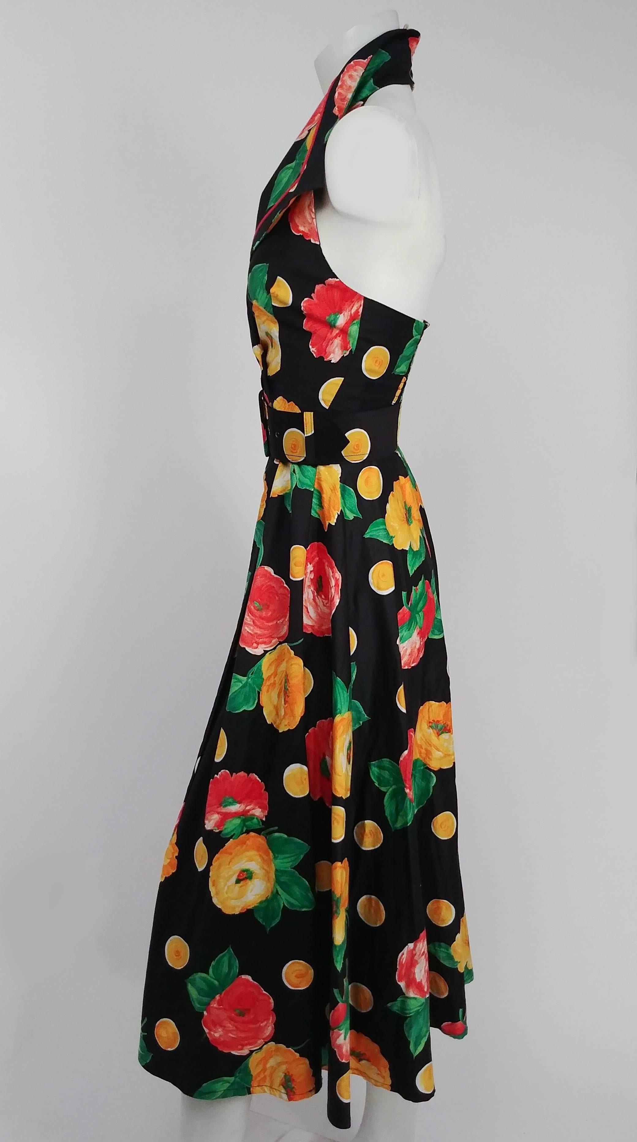 1970s Tropical Print Halter Neck Maxi Dress. Comes with matching belt. 