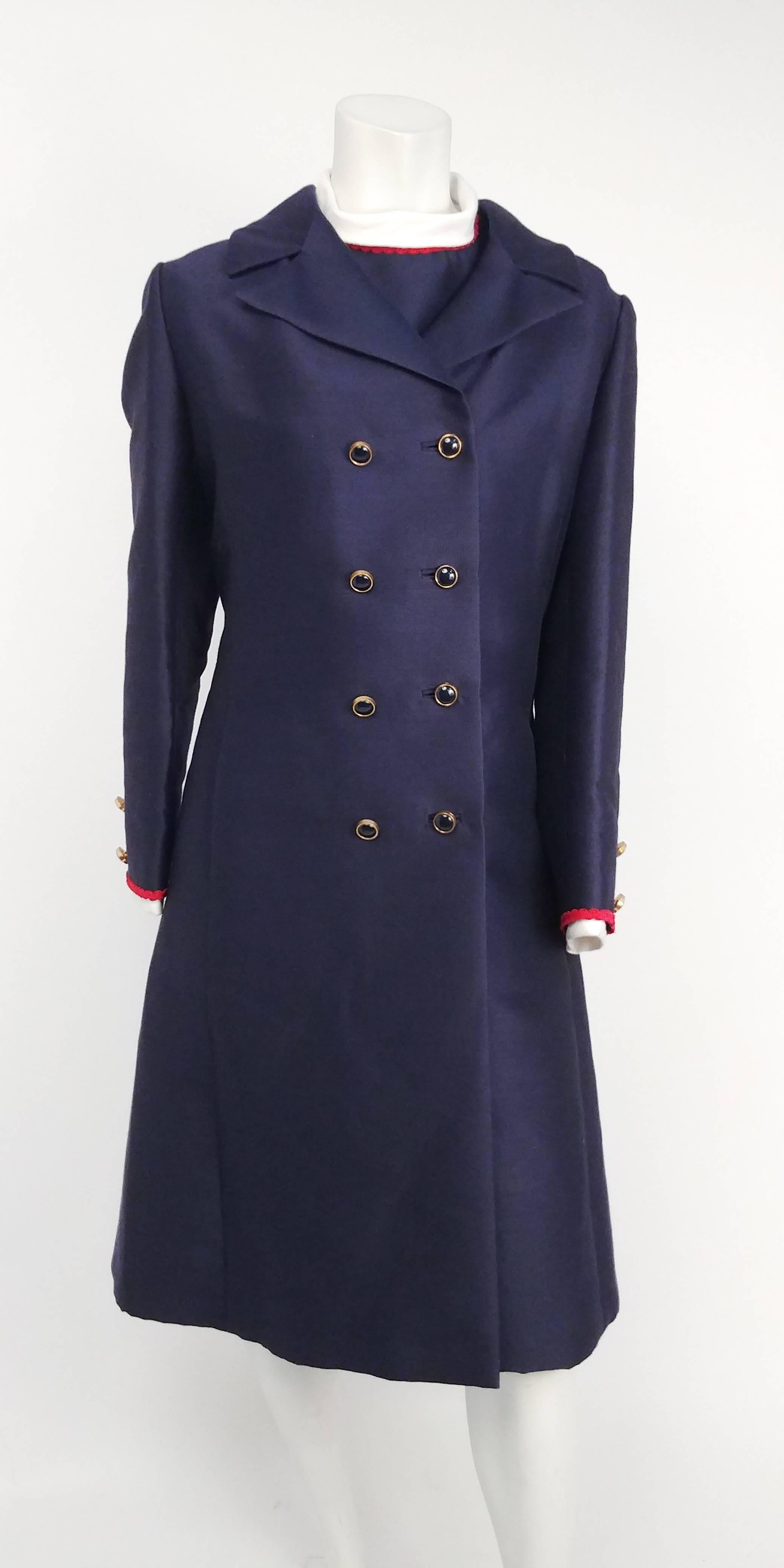 1960s I. Magnin Navy Blue & Red Dress & Coat Set. Navy blue faille dress (with invisible pockets), white cotton fold-down collar and red rickrack trim comes with matching belt. Double breasted coat in same fabric, matching trim, and fabulous