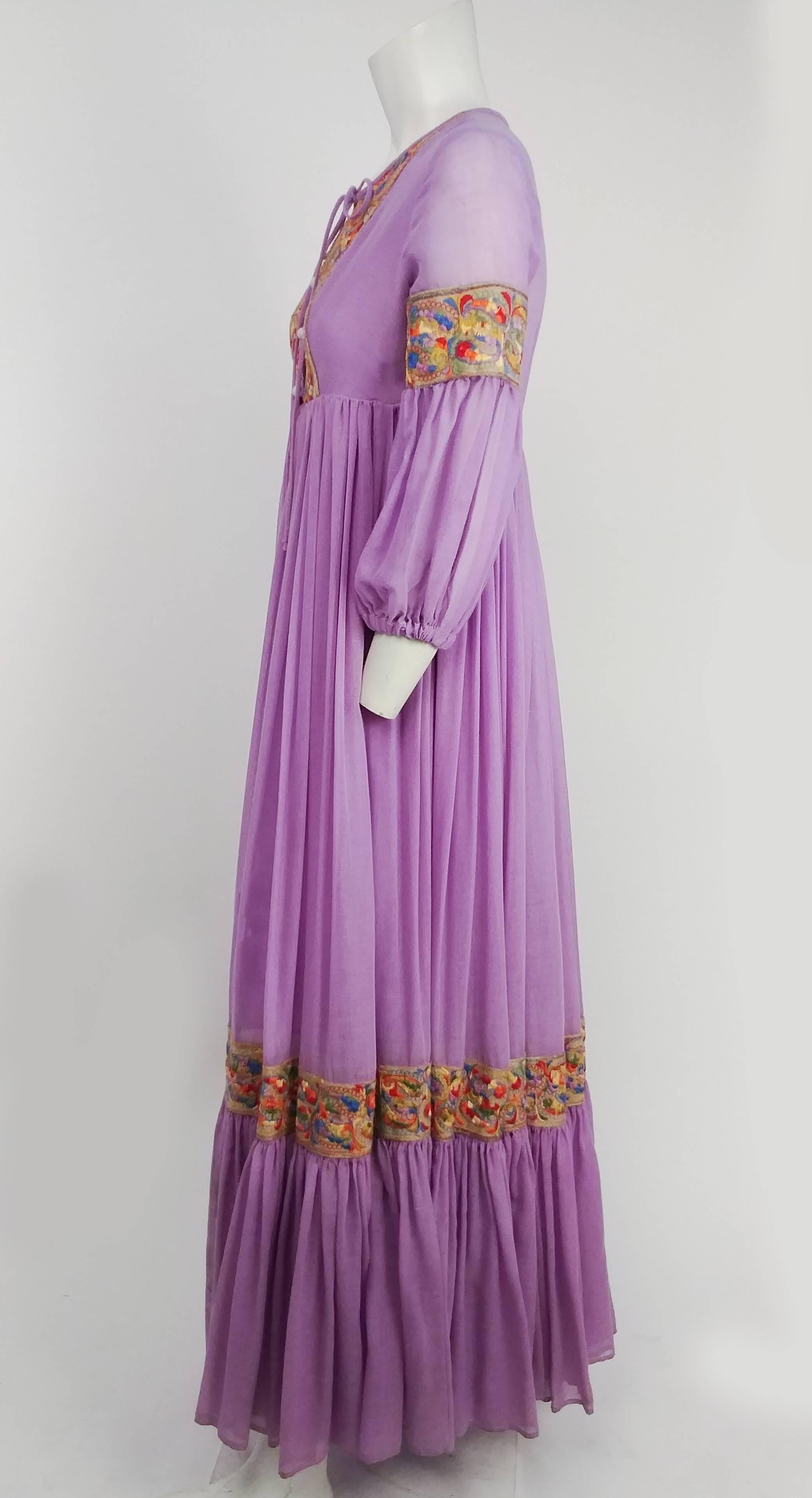 1960s Lavender Boho Maxi Dress w/ Embroidered Ribbon Trim. Full length gathered skirt. Partially buttons up front, ties at front collar. 