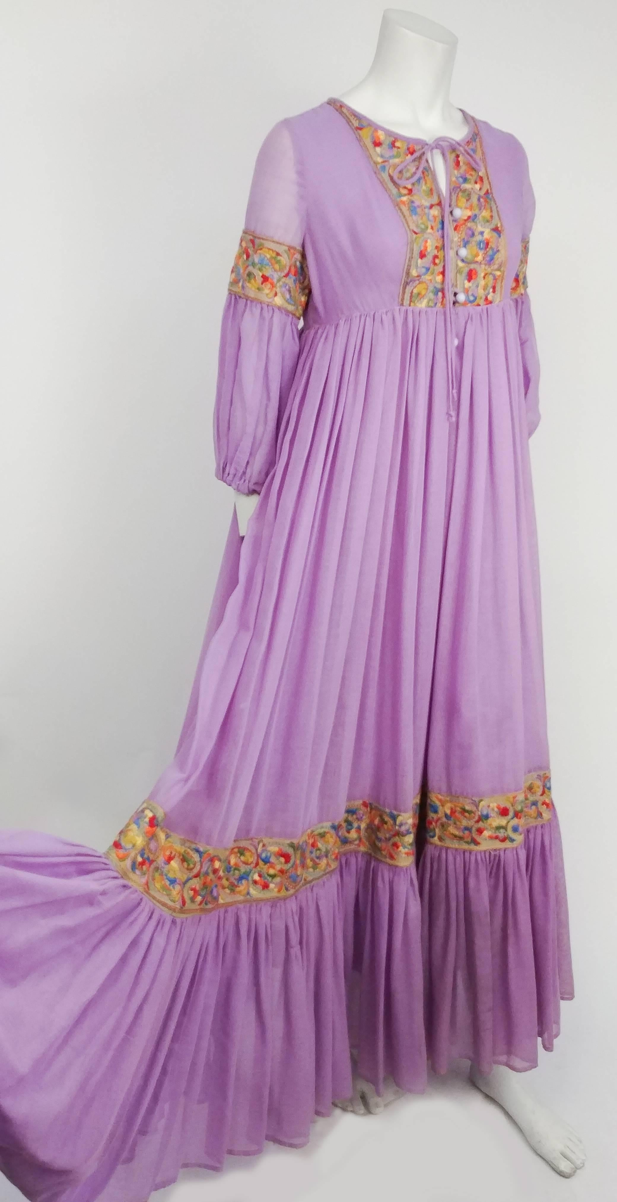 Purple 1960s Lavender Boho Maxi Dress w/ Embroidered Ribbon Trim