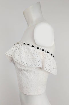 1950s White Cotton Eyelet Lace Bustier Top w/ Ruffle