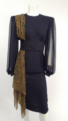 1980s Black Asymmetric Draped Chiffon Dress