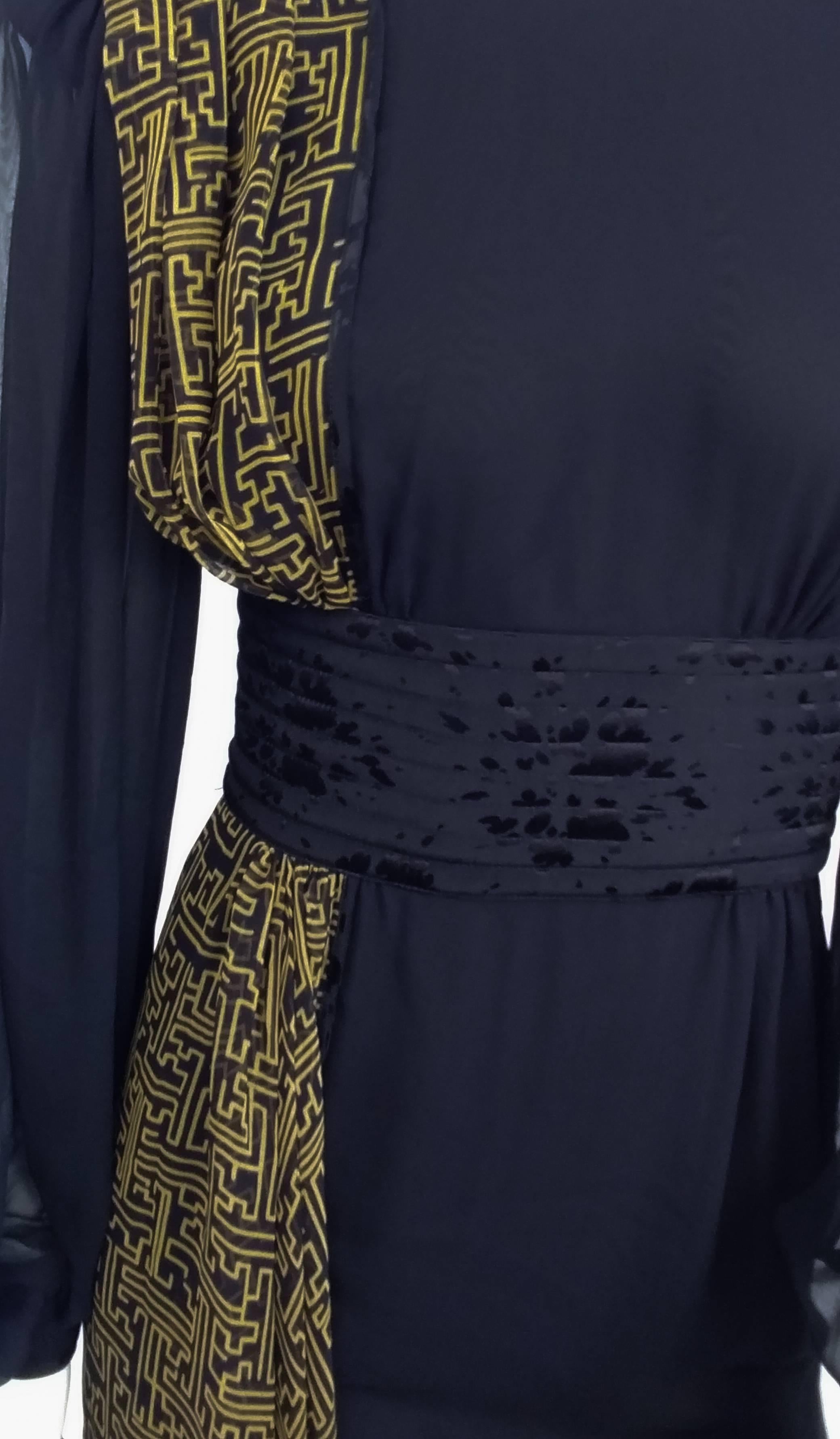 1980s Black Asymmetric Draped Chiffon Dress  1