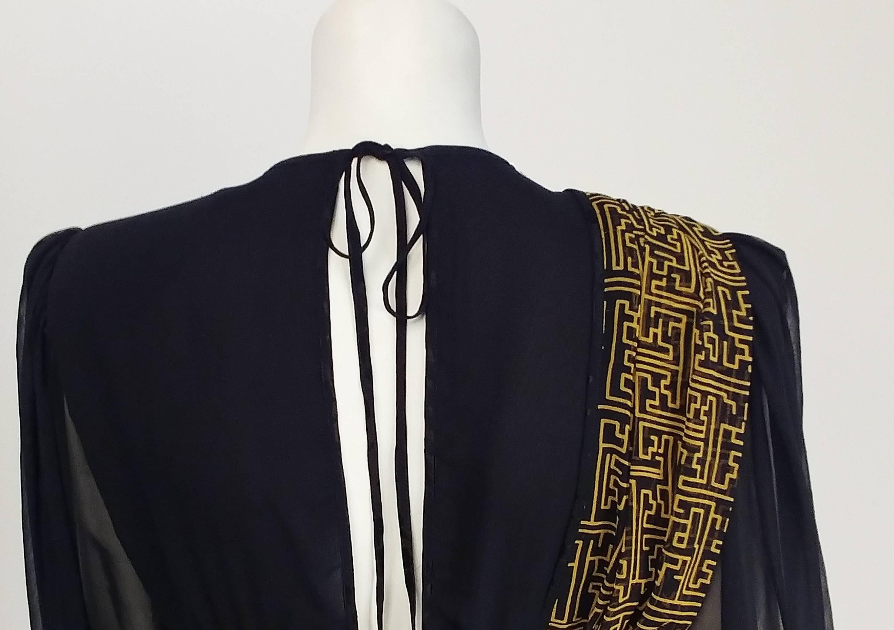 Women's 1980s Black Asymmetric Draped Chiffon Dress 