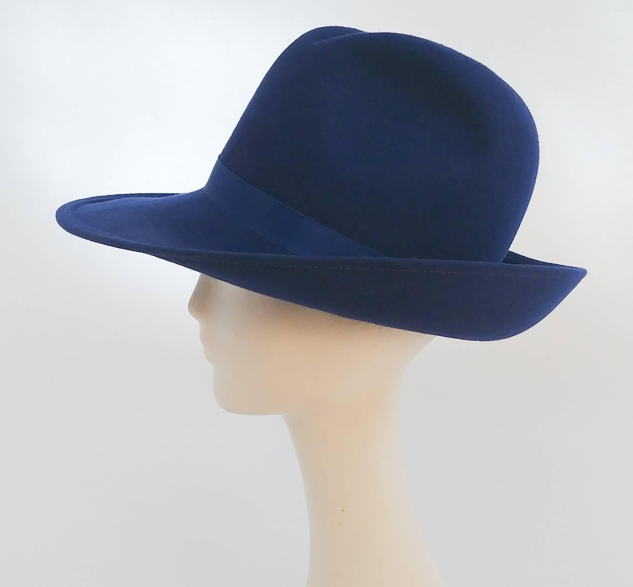 1980s Cobalt Blue Wide Brim Fedora. Side of brim flips up. Bright red inner hat band makes for striking contrast. 