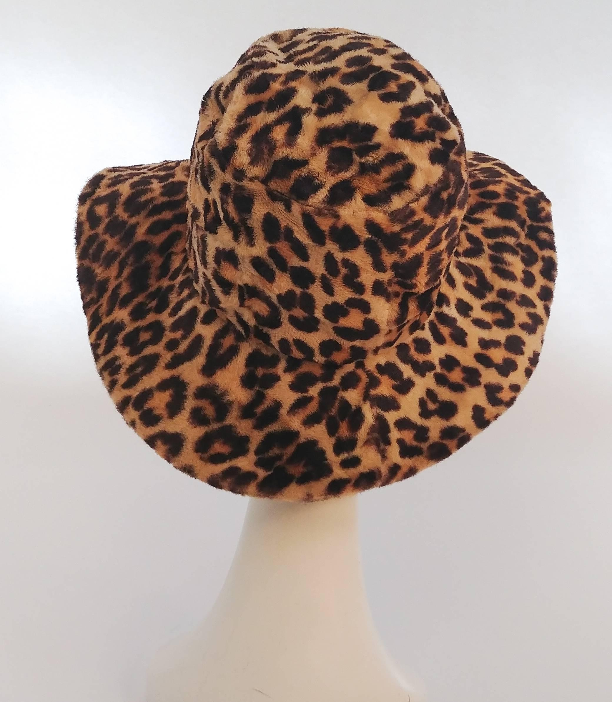 1960s Lilly Dache Leopard Print Wide Brim Hat. Faux fur floppy brim hat by acclaimed milliner of the 1930s-1960s, Lilly Dache. 