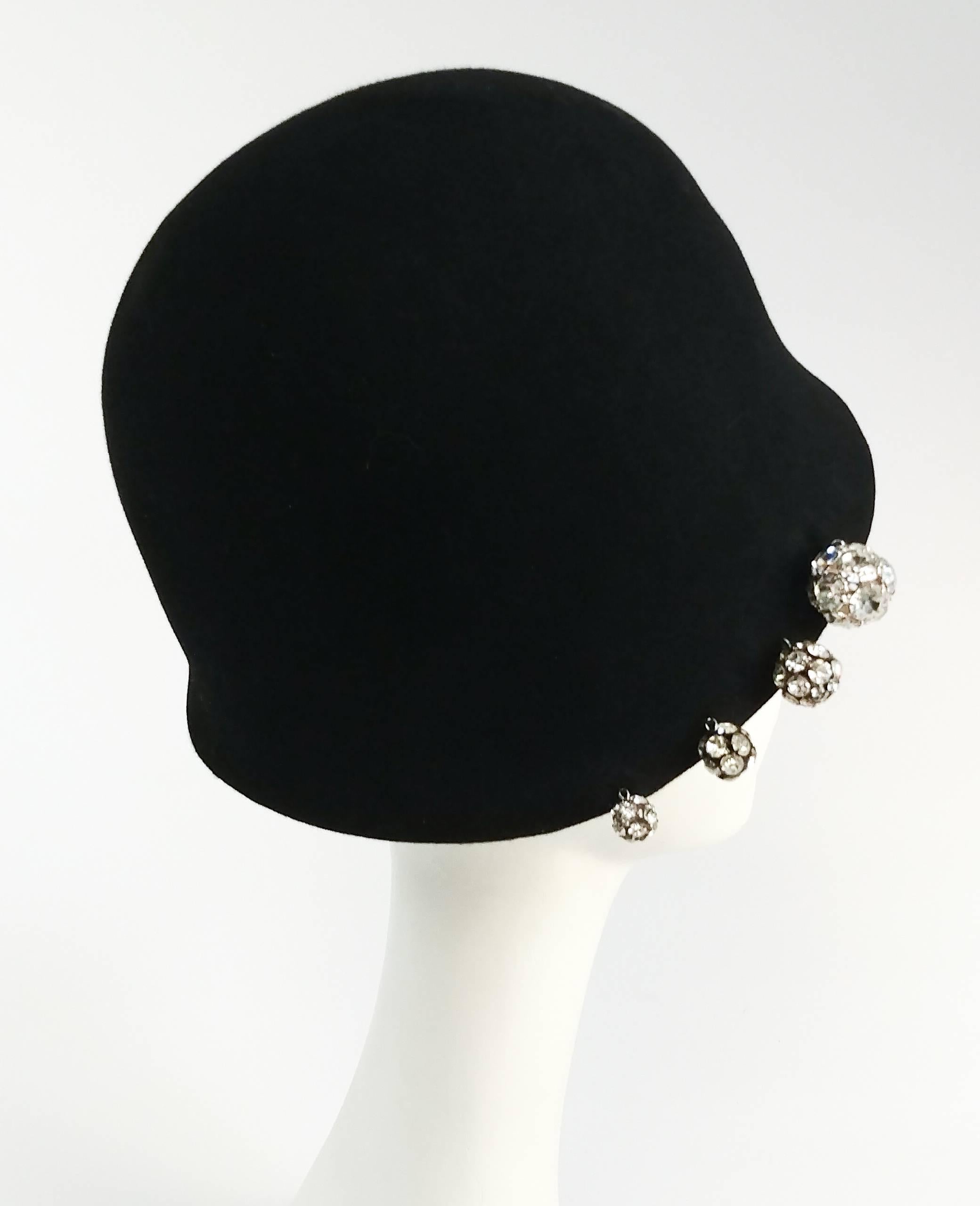 1960s Cloche Hat w/ Rhinestone Buttons. Row of rhinestone buttons on one side. Soft wool felt. 