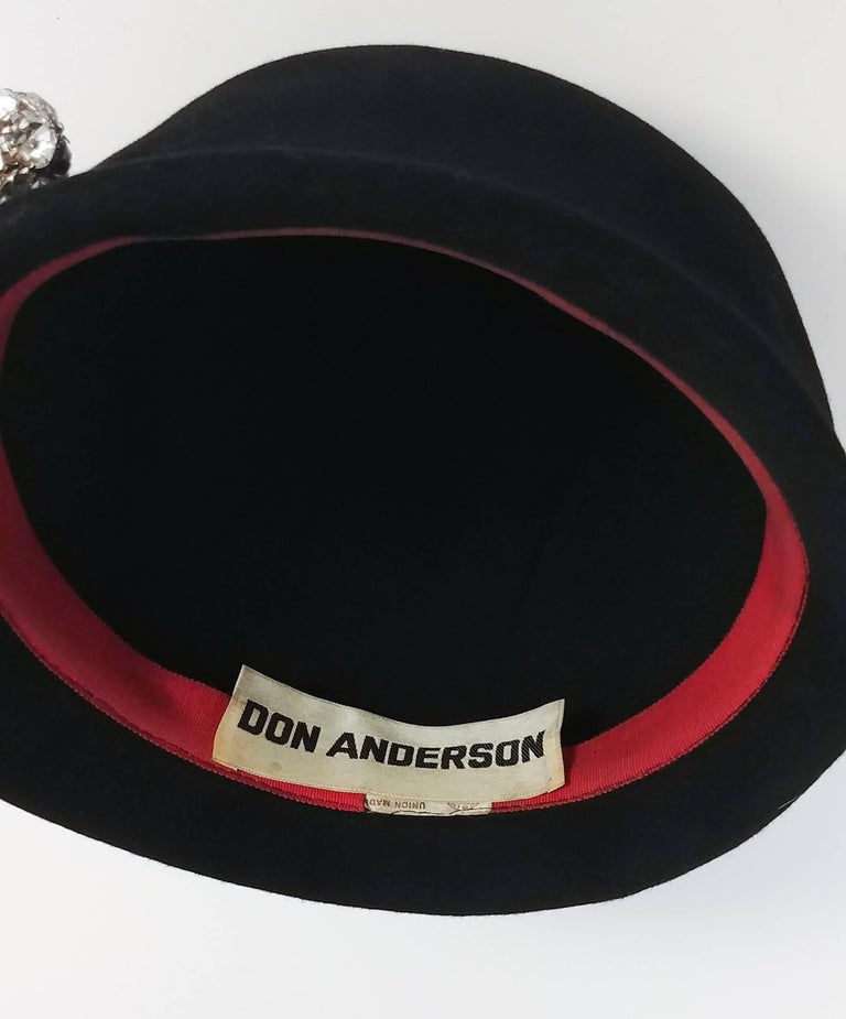 Black 1960s Cloche Hat w/ Rhinestone Buttons